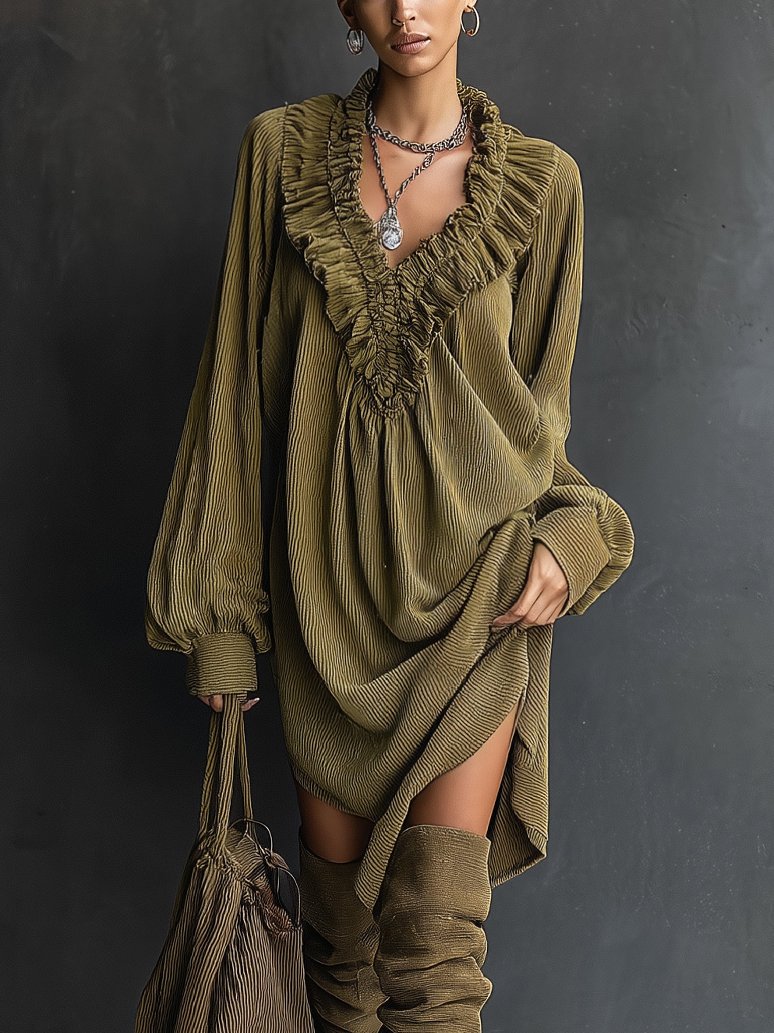 Olive Ruffled Corduroy V-Neck Long Sleeve  Mini Dress