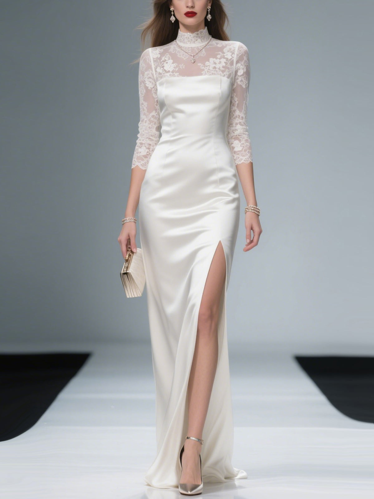 Ivory Satin Floral Lace High Neck 3/4 Sleeve Maxi Dress