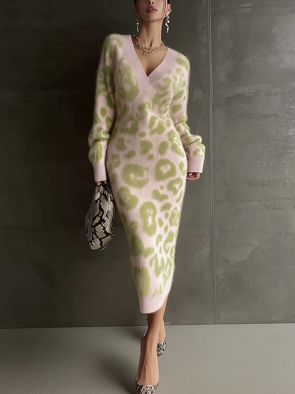 Pink Leopard Print Fuzzy Knit Bodycon V-Neck Long Sleeve Midi Dress