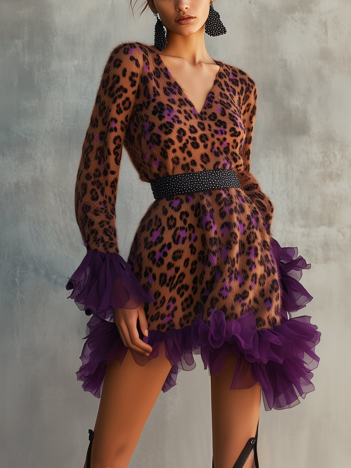 Brown Leopard Print V-Neck Waisted Long Sleeved Mini Dress