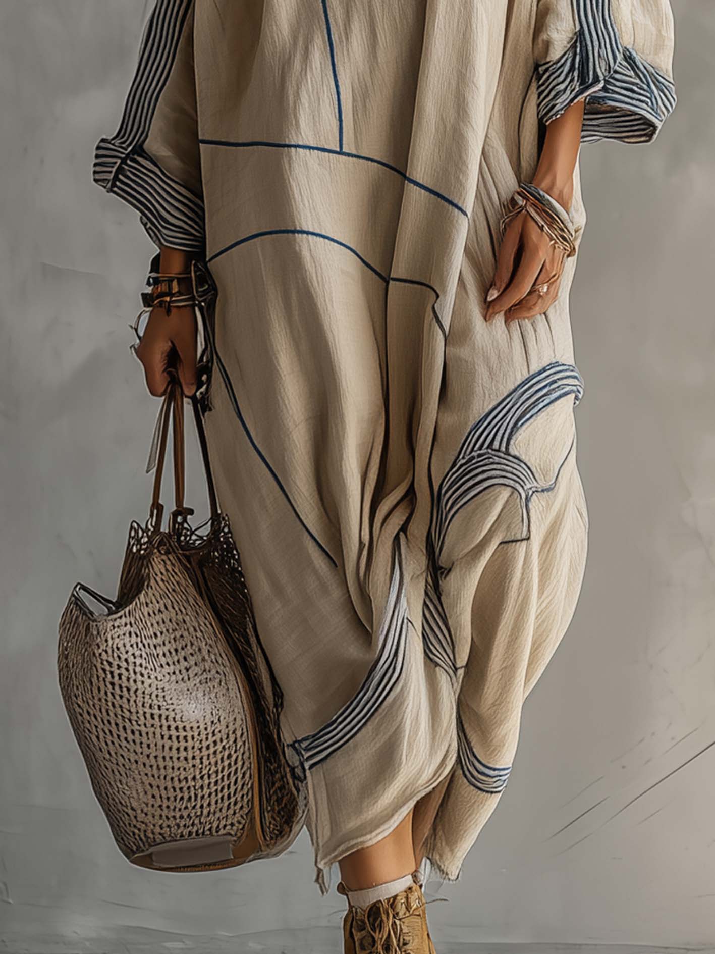 One Shoulder Oatmeal Blue Abstract Cotton Linen Maxi Dress