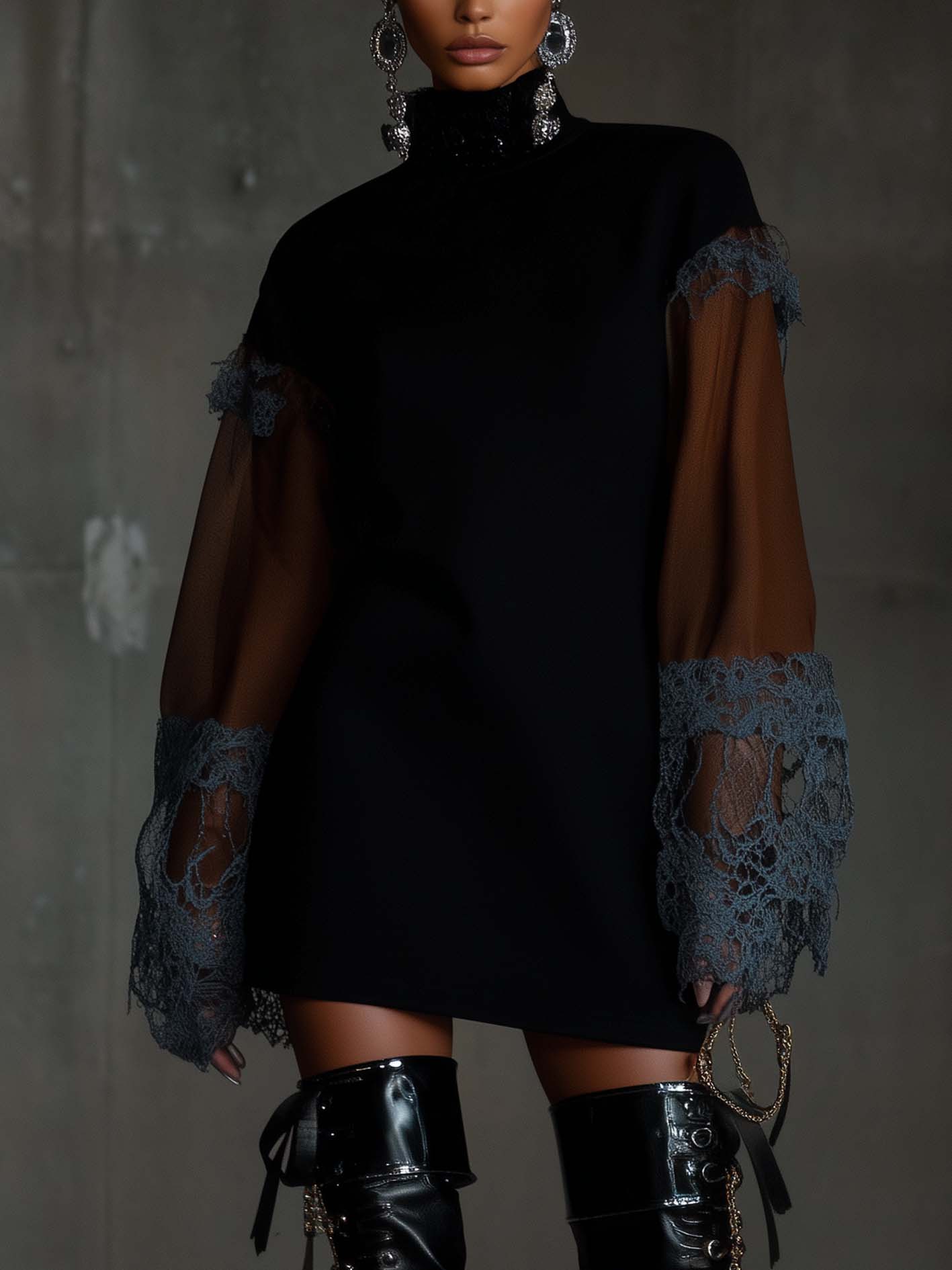 Black Faux Suede Mini Dress With Lace And Paneled Sleeves