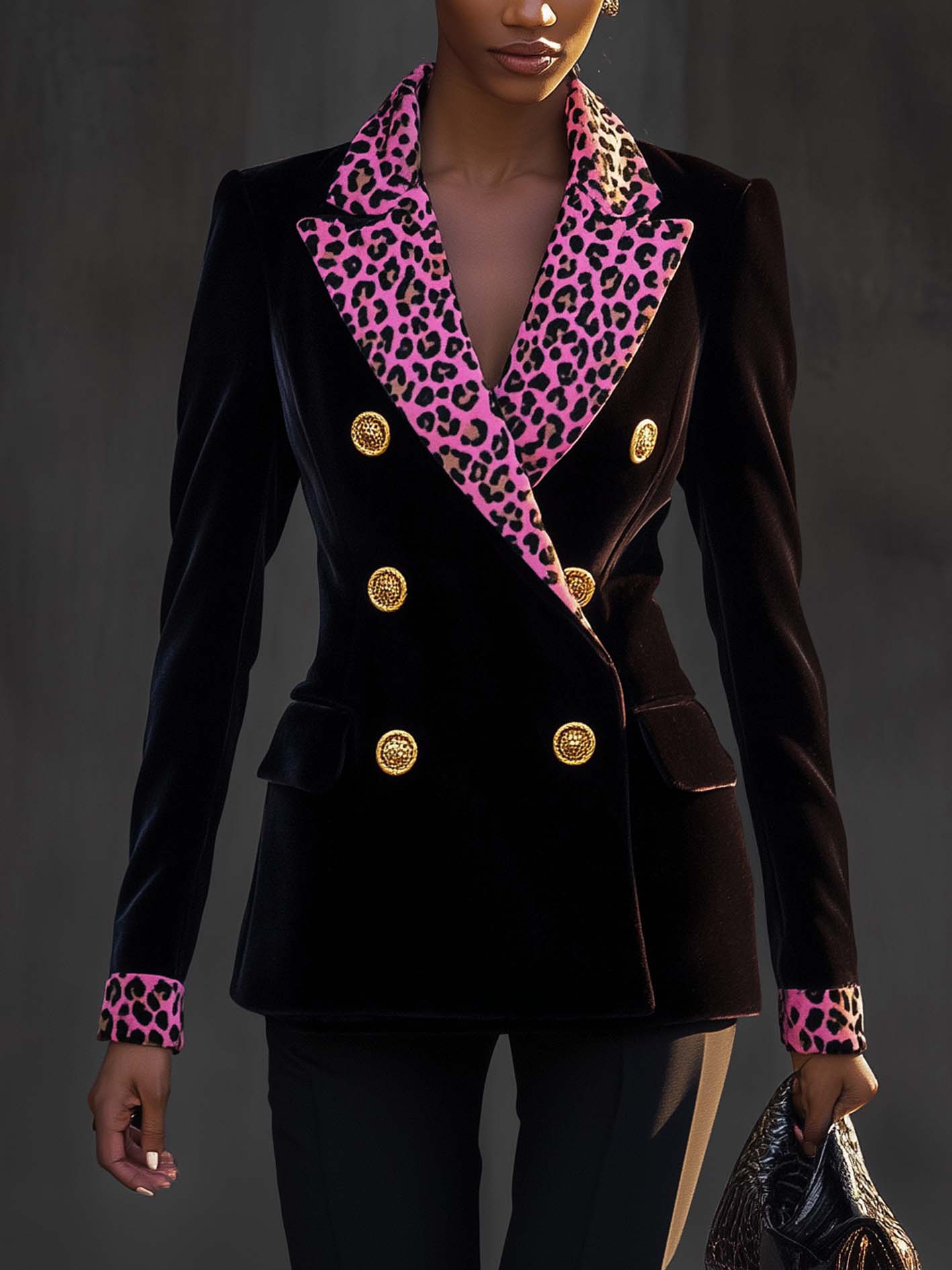 Black Double-breasted Velvet Blazer With Bright Barbie Pink Lapels