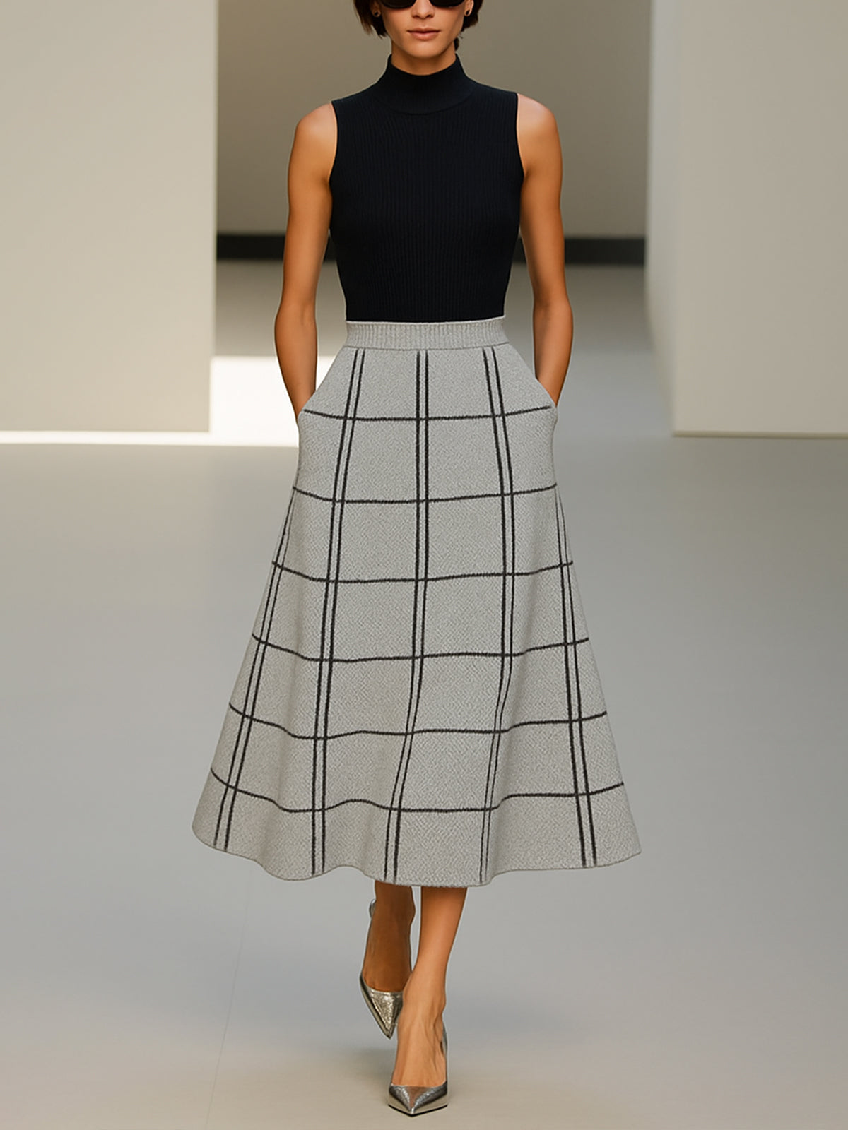 Black Sleeveless Turtleneck With Gray Plaid Knit Midi Skirt Set