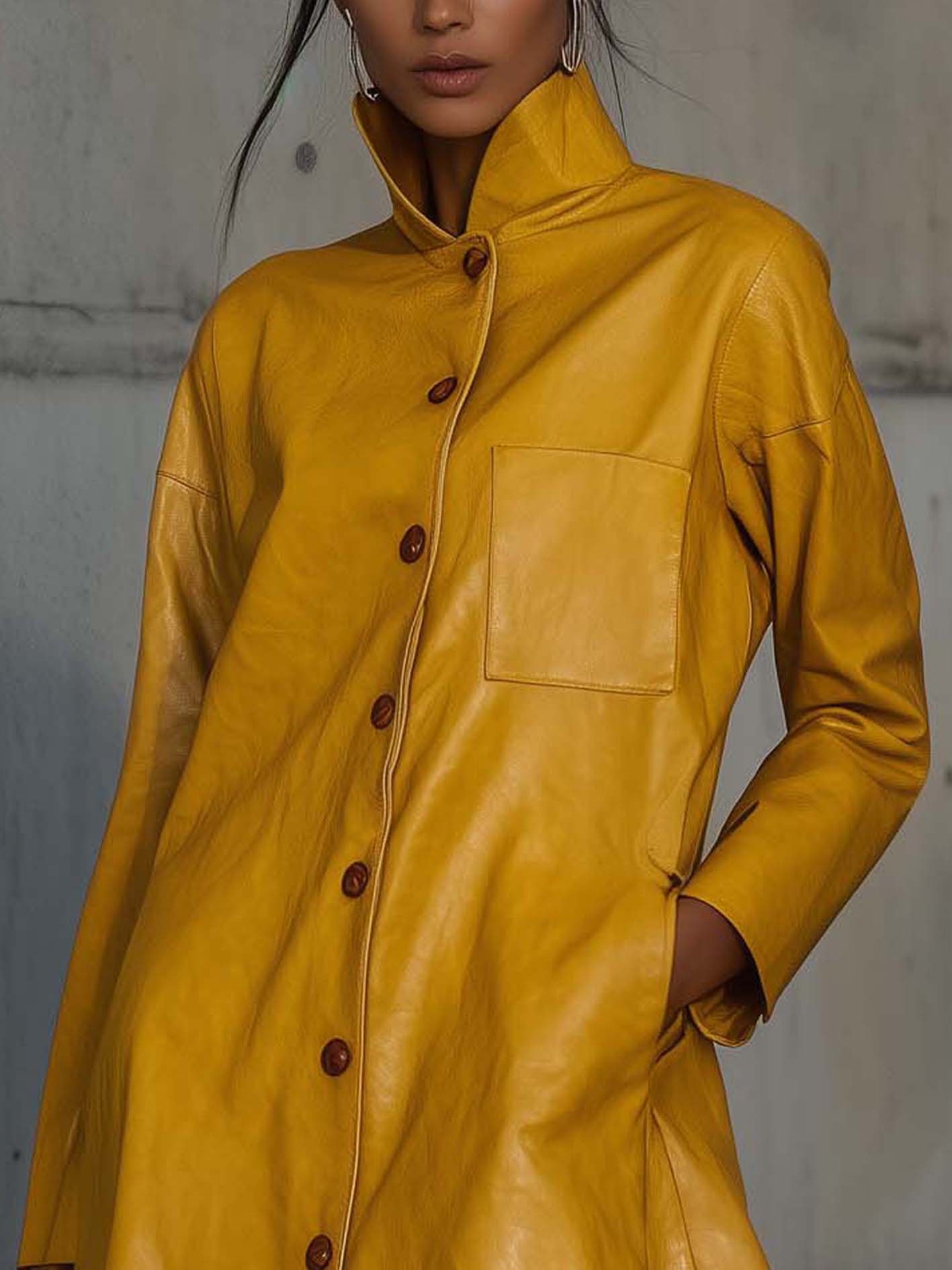Yellow Faux Leather Mini Dress With Buttons