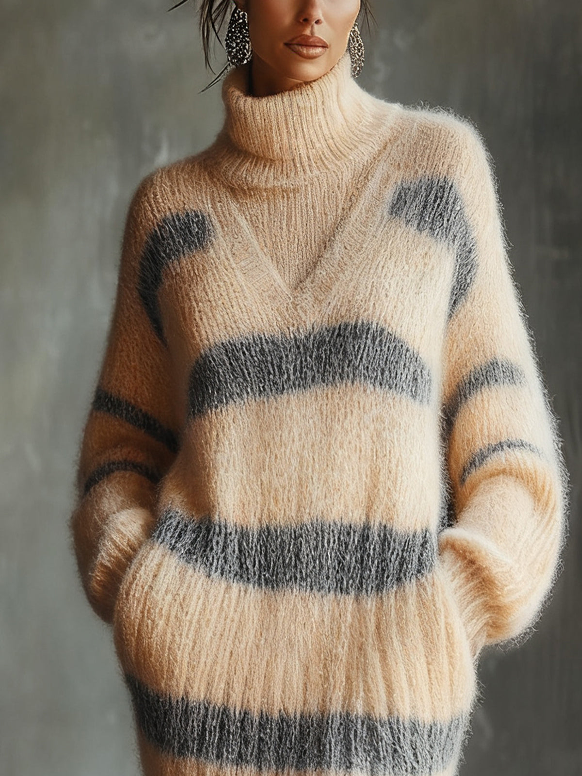 Cream And Grey Striped Fuzzy Turtleneck Sweater Dress
