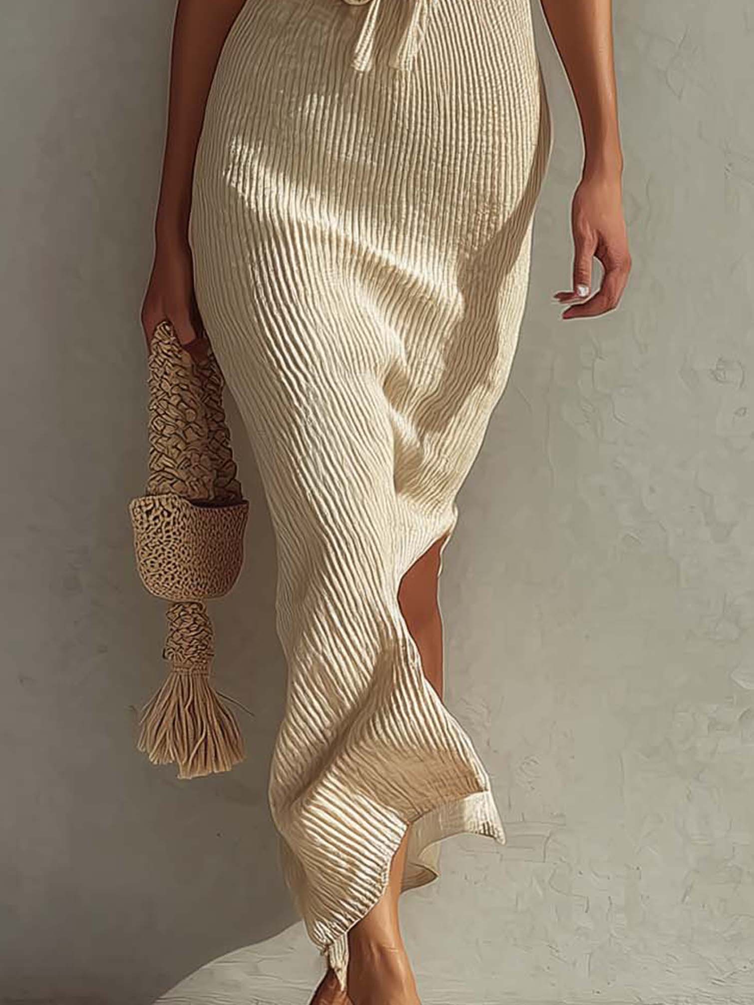 Beige Halter Bodycon Dress With Side Slit And Contrast Panel Design