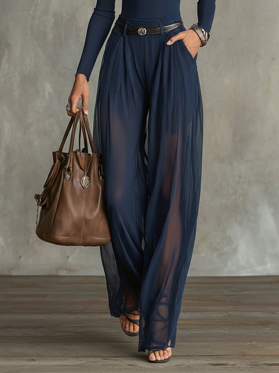 Navy Lace-Panel Long Sleeve Shirt And Sheer Pleated Wide-Leg Pants Set