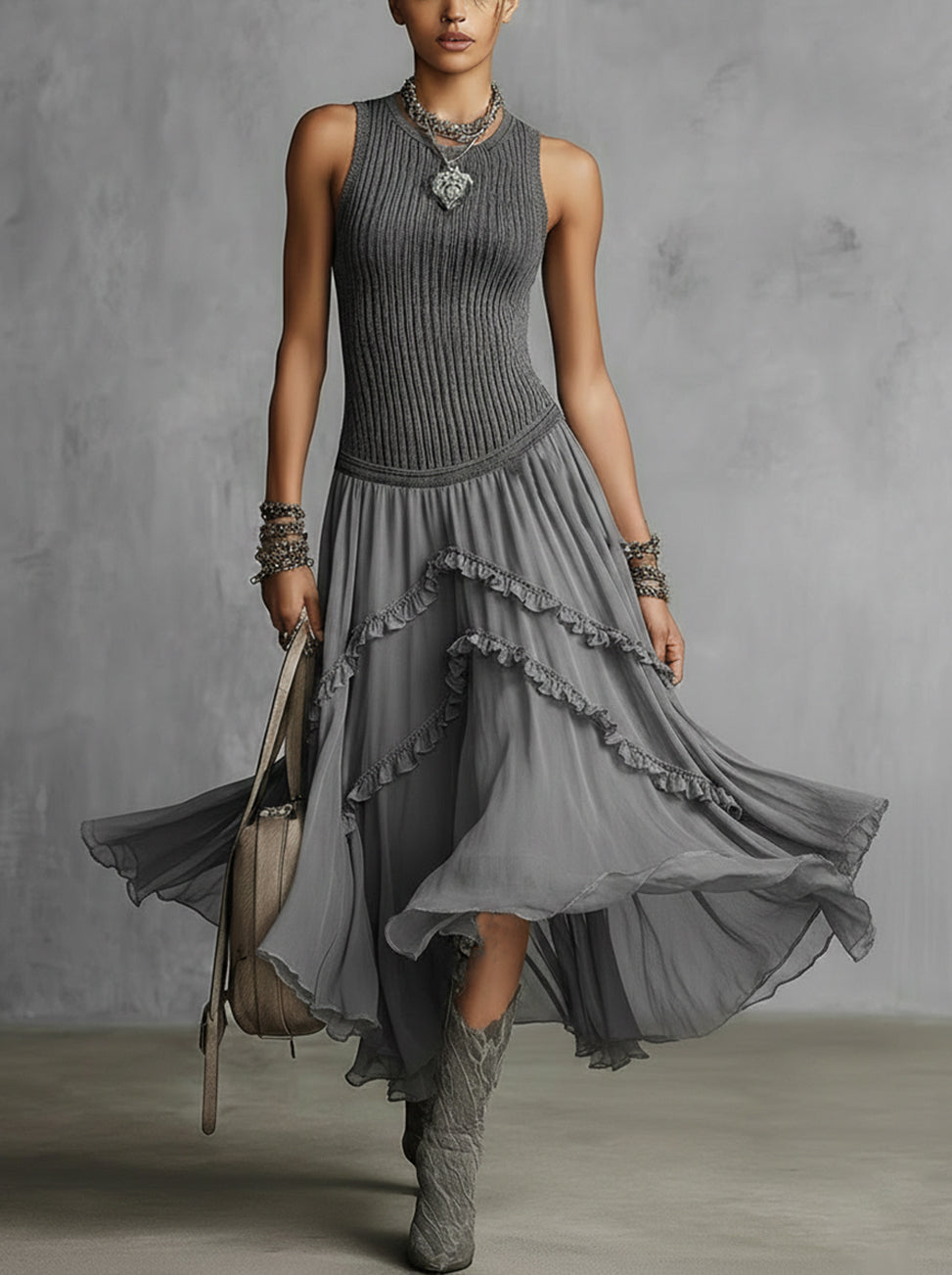 Gray Sleeveless Knit-Bodice Ruffled Chiffon Maxi Dress