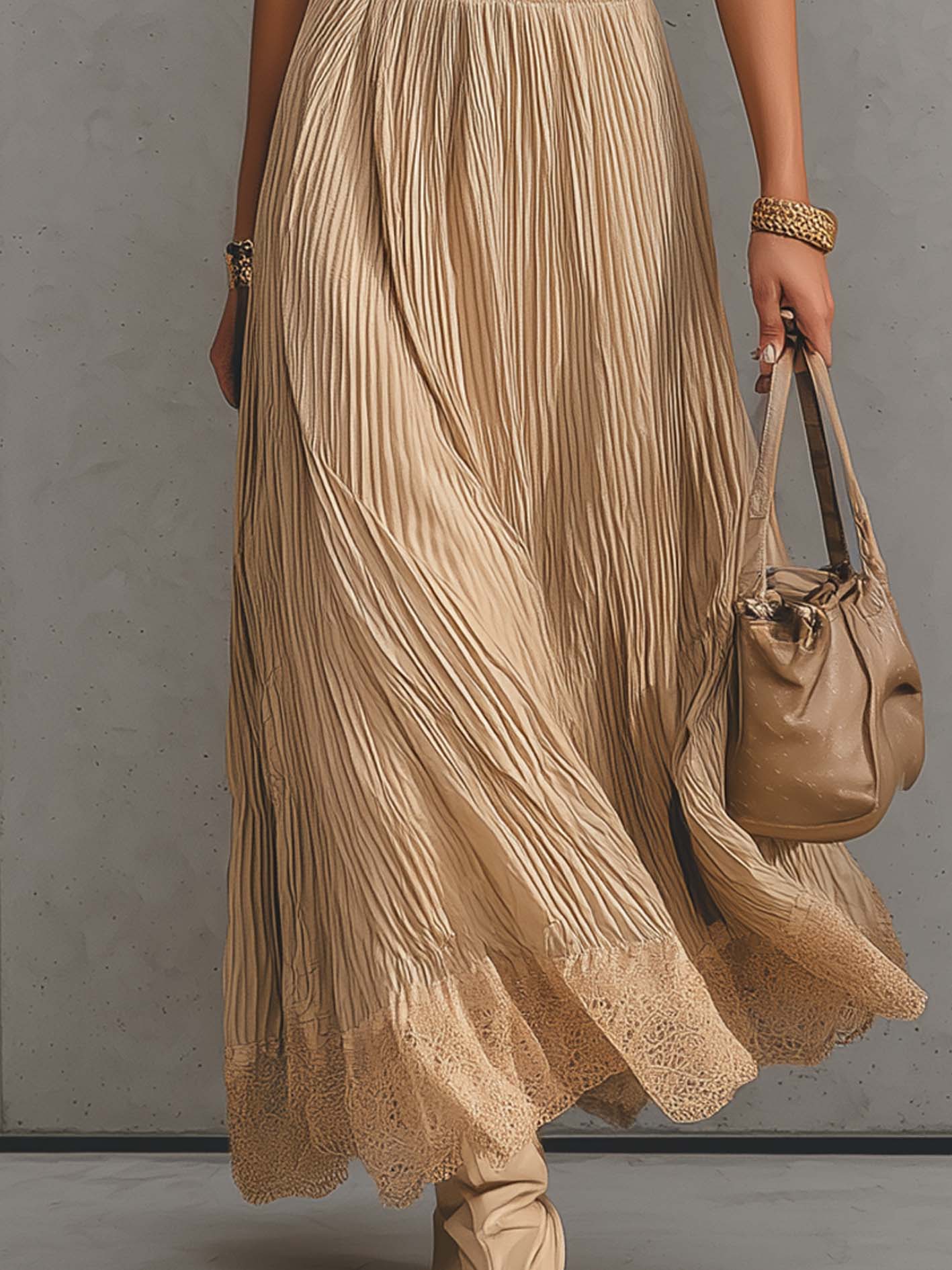 Champagne Gold Pleated Cowl Neck Maxi Dress With Lace Hem