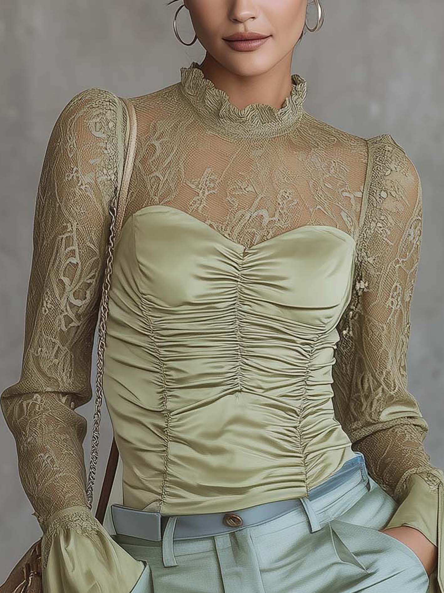Light Green Lace Patchwork Ruched Shirt With Ruffled Cuffs