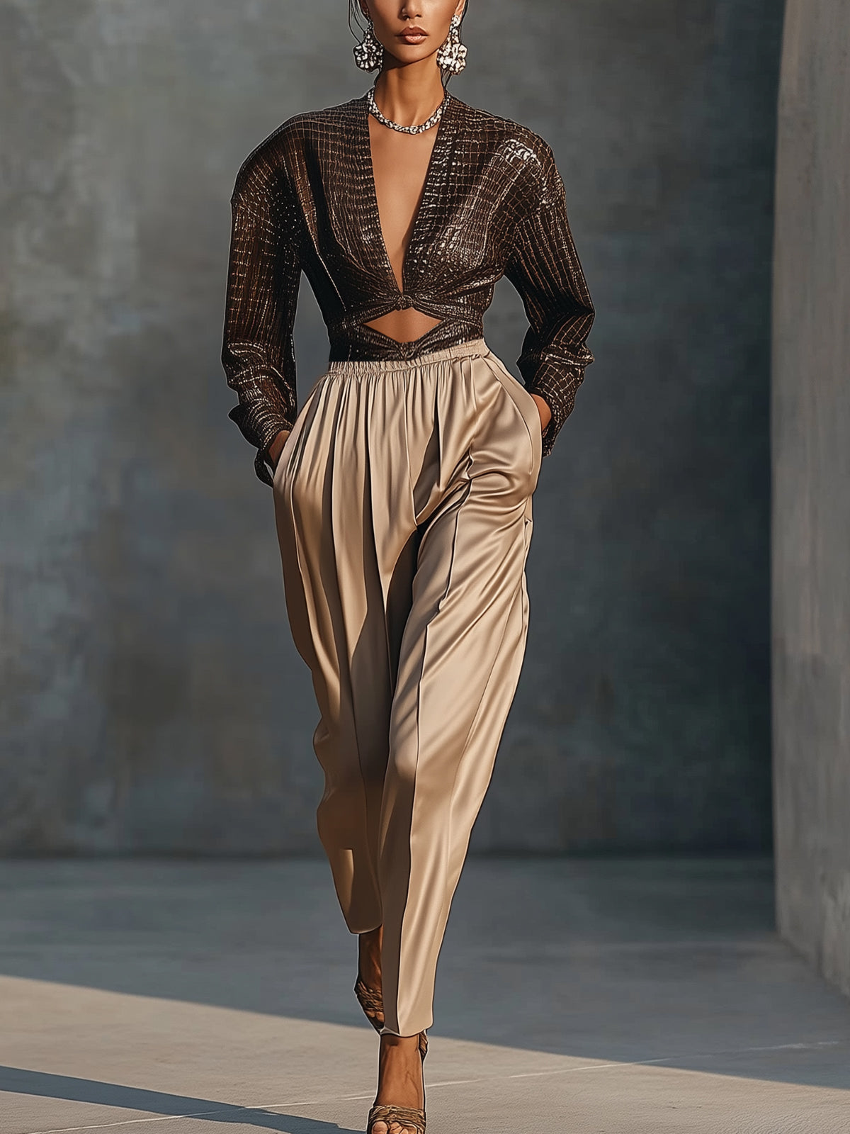 Crocodile Embossed Top And Satin Trousers Set