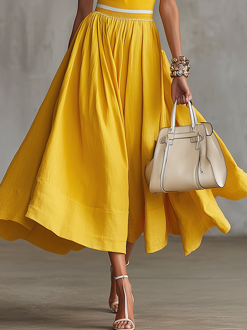 Yellow Sleeveless Contrast-Trim Maxi Dress With Flared Skirt