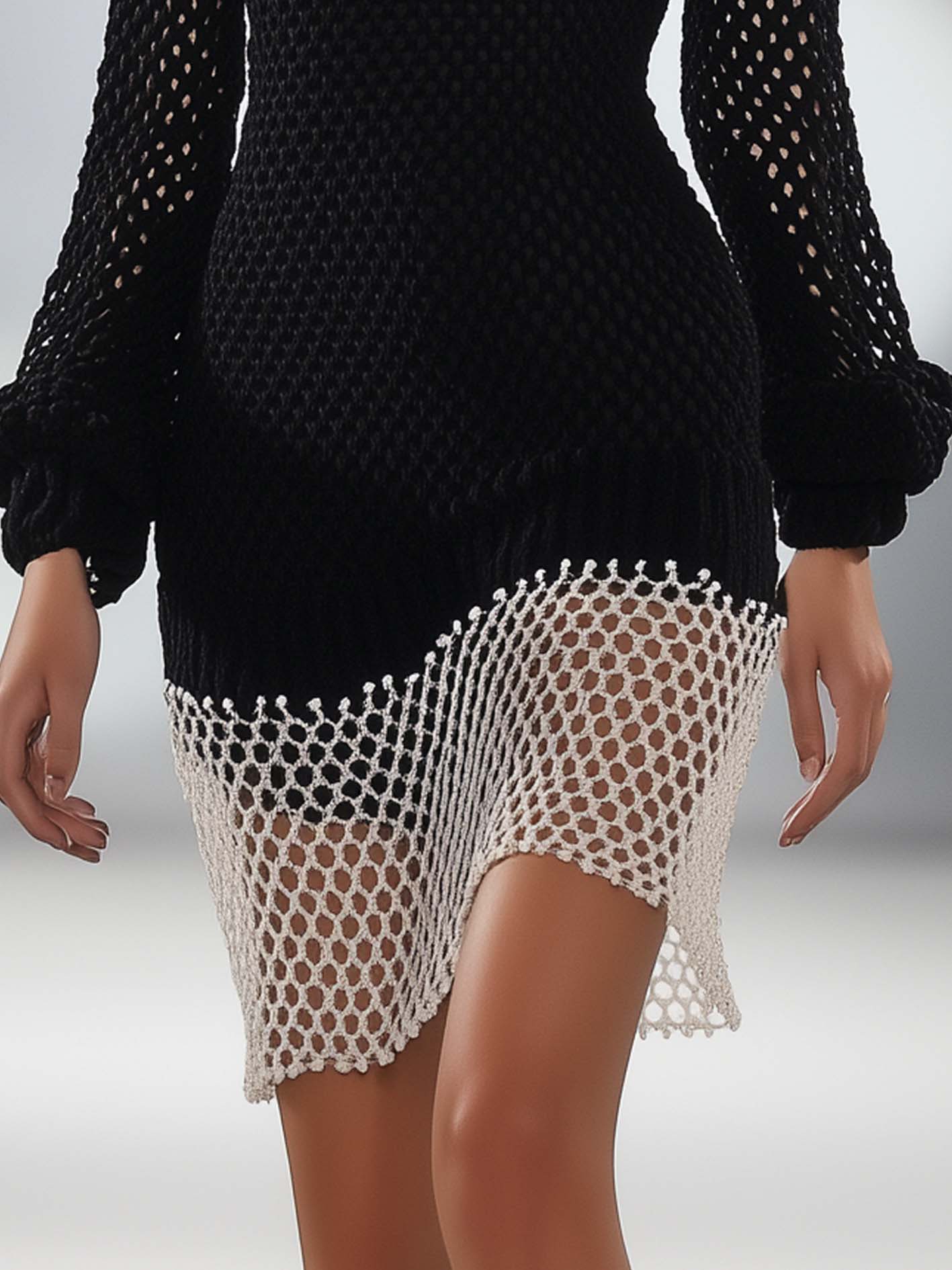 Off Shoulder Stitching White And Black Hollow Knitted Mini Dress