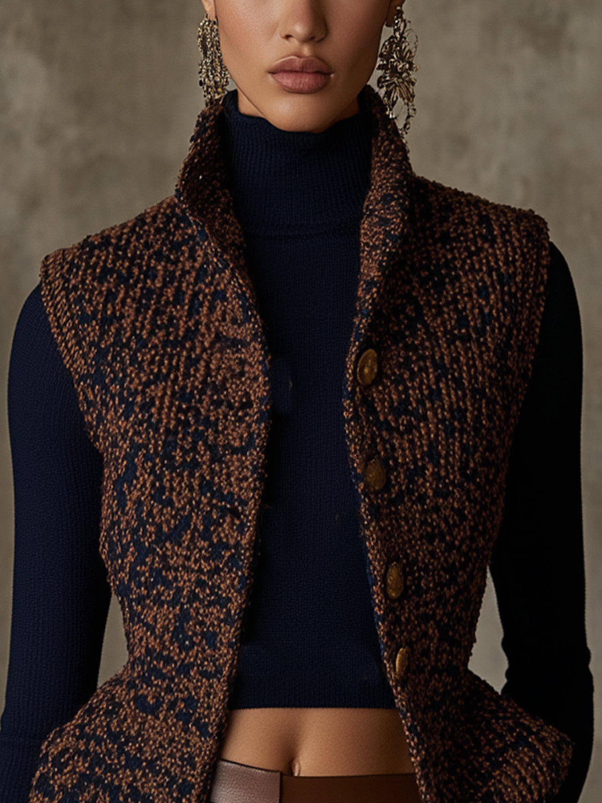 Brown And Navy Textured Knit Vest With Button Closure