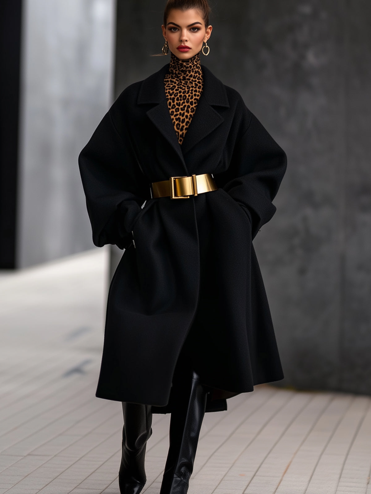 Black Wool Oversized Coat With Statement Gold Belt