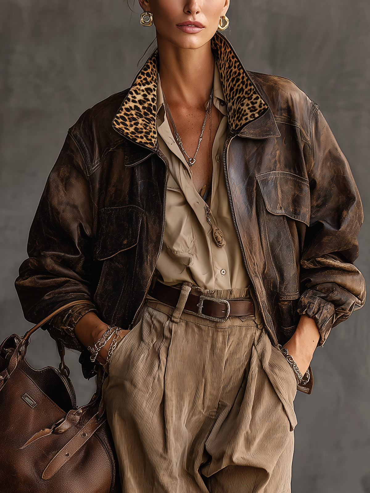 Brown Vintage Distressed Leopard Suede Collar Leather Jacket