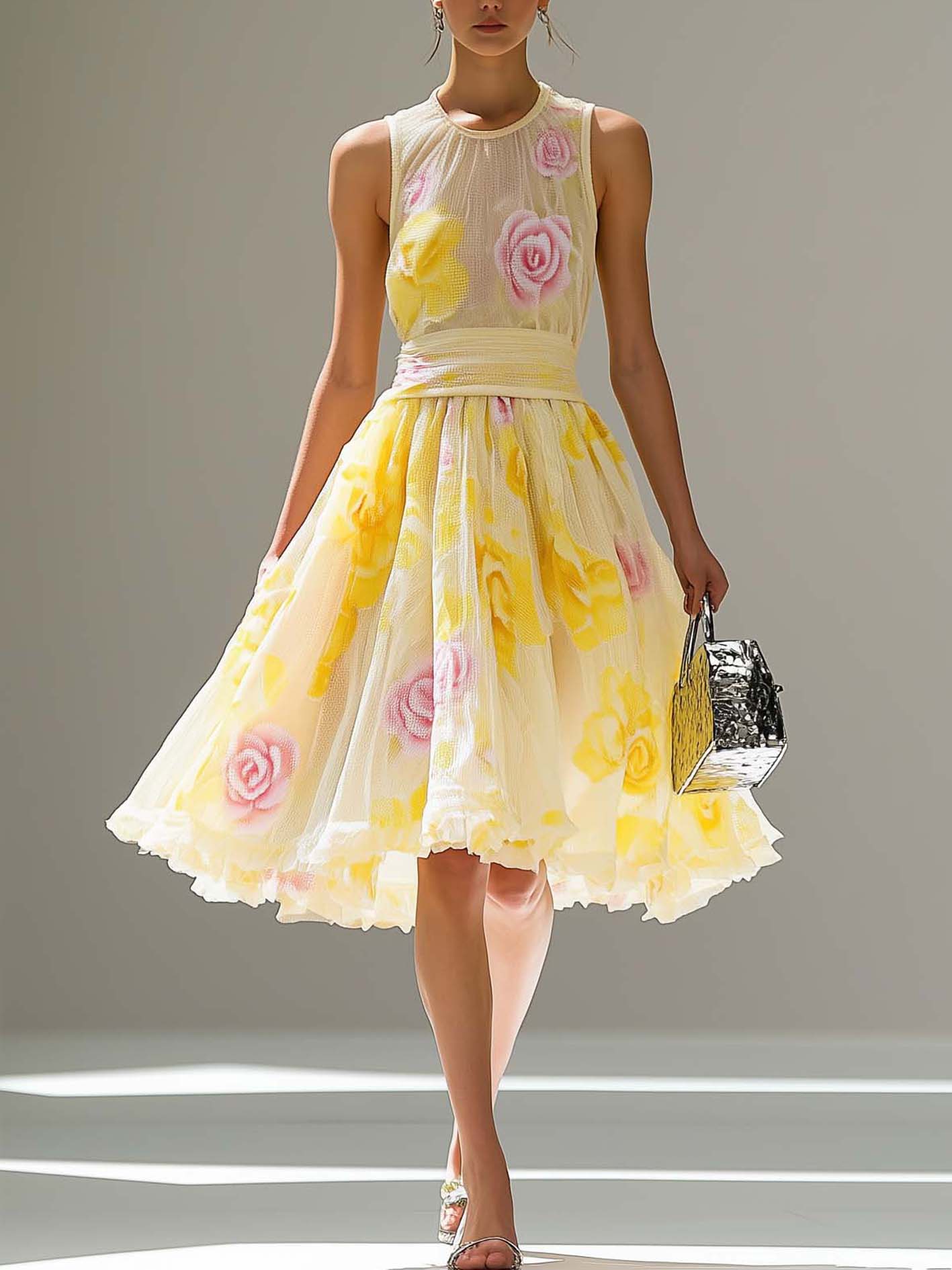 Light Yellow Tencel Midi Dress With Flower Print