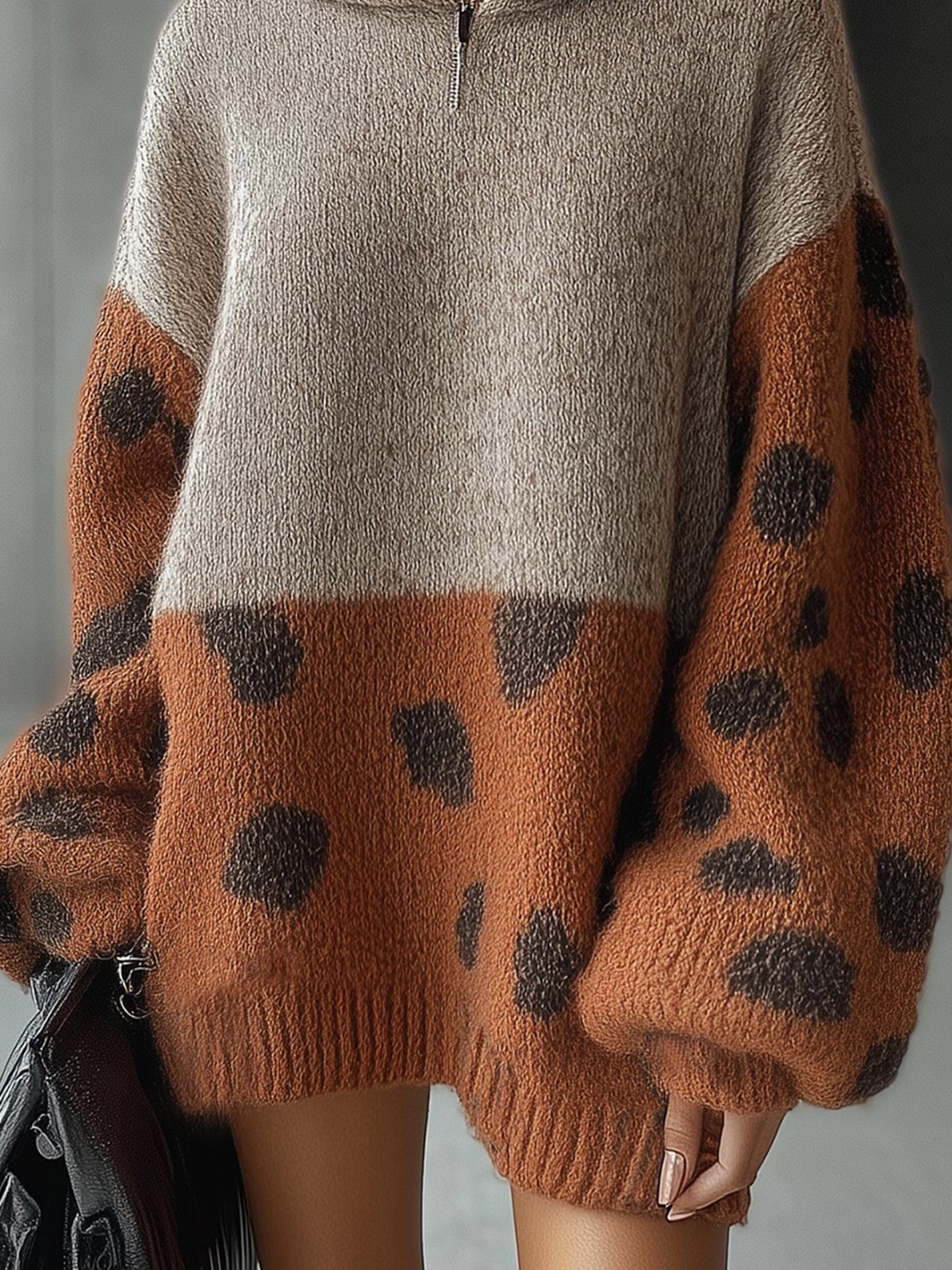 Beige And Brown Knitted Mini Dress With Leopard Print And Zippered Hood