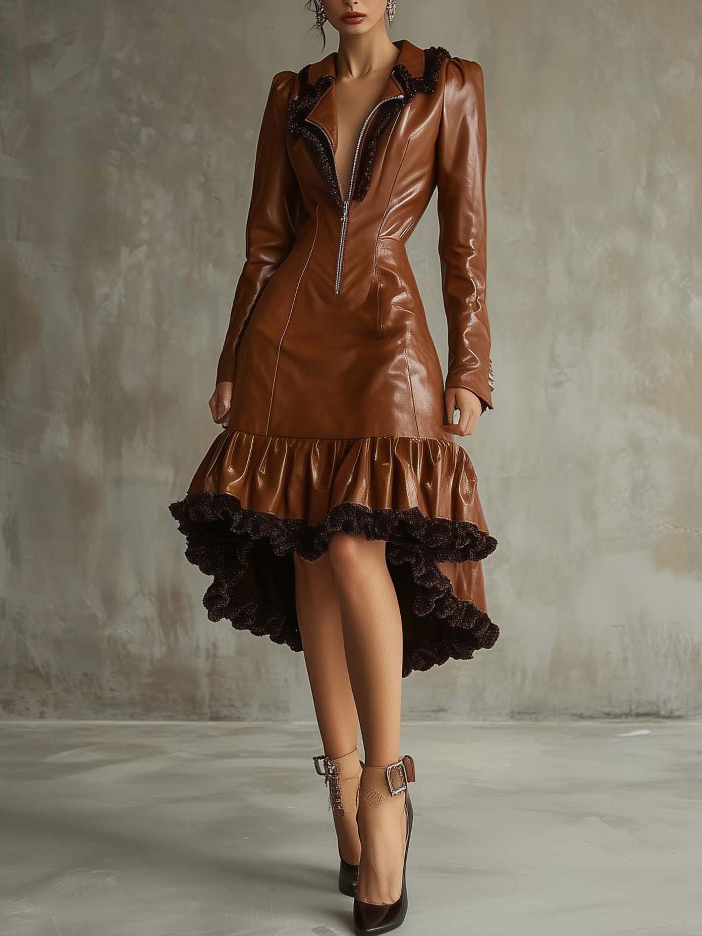 Brown Faux Leather Midi Dress With Ruffled Irregular Hem