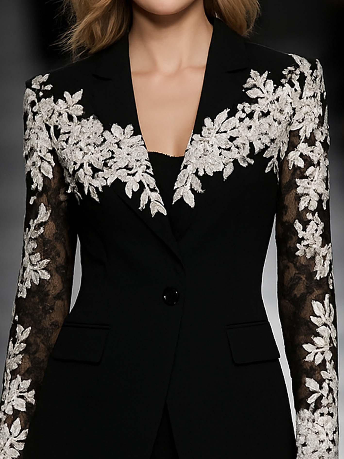 Elegant Black Blazer With Lace Packwork