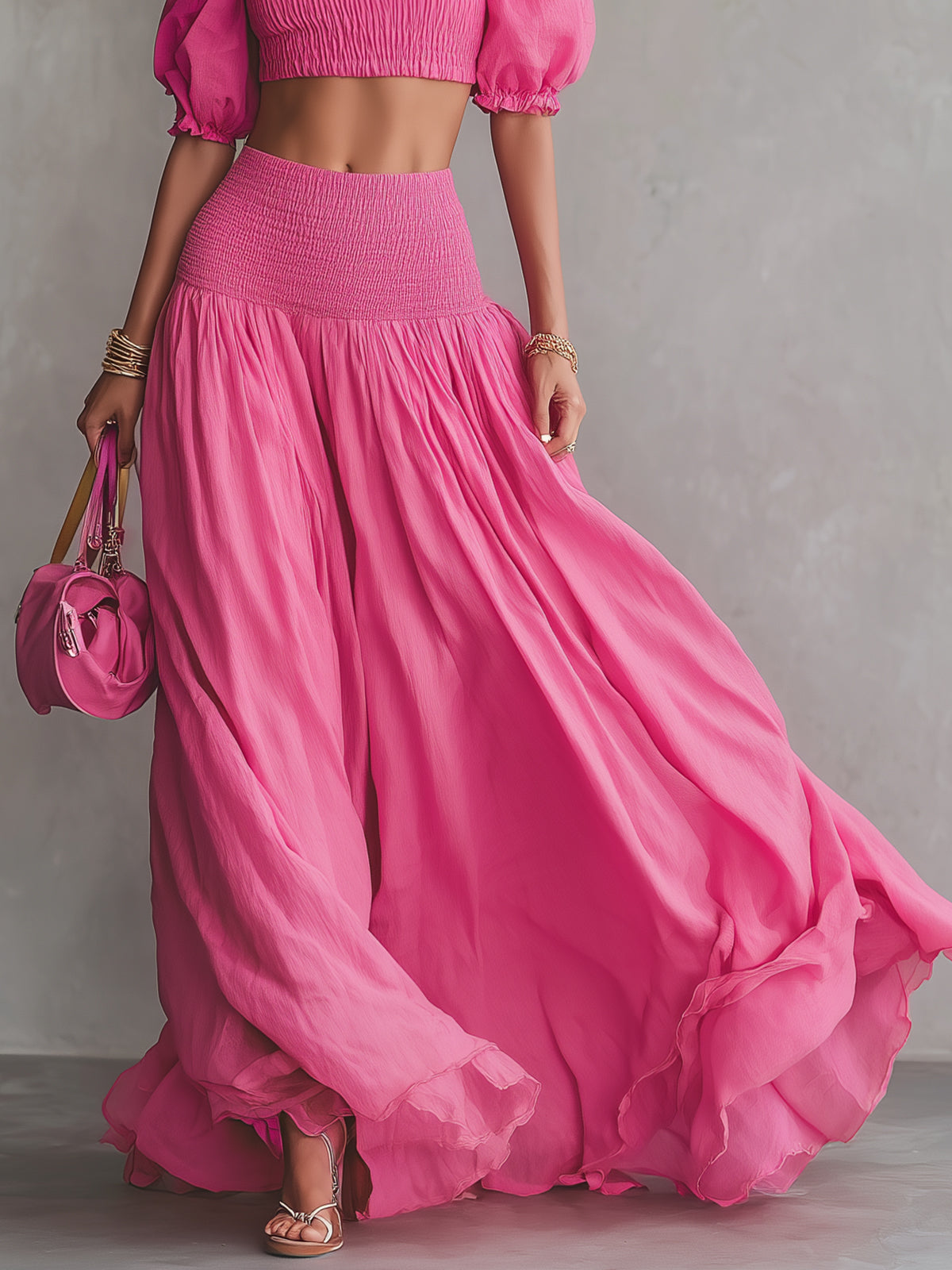Rose Off-Shoulder Puff Sleeve Smocked Crop Top & Flowy Maxi Skirt Set
