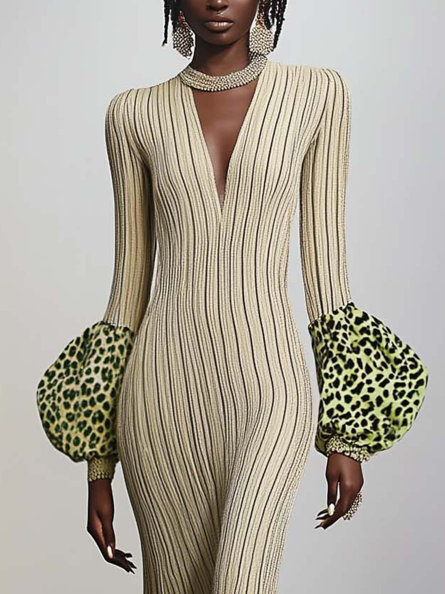 Beige Knitted Maxi Dress With Green Balloon Sleeves