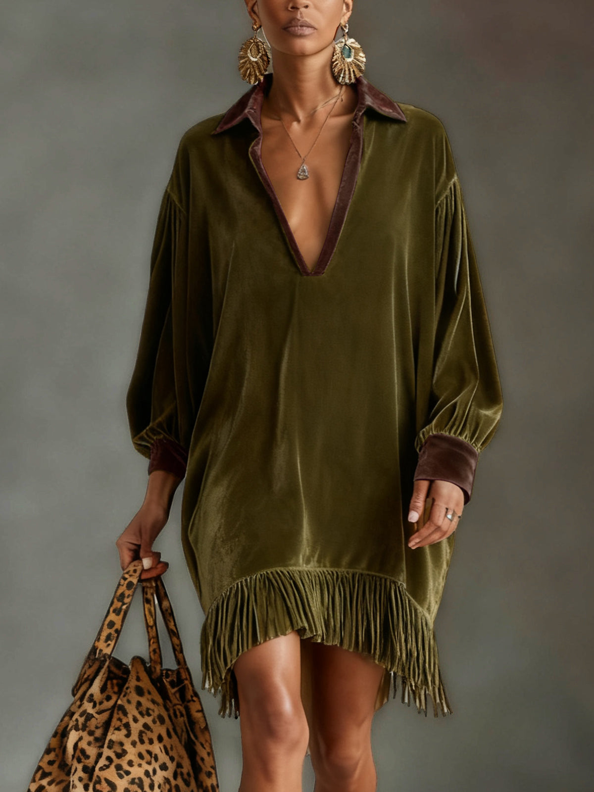 Olive Faux Suede  Fringe Dress With Deep V-Neck