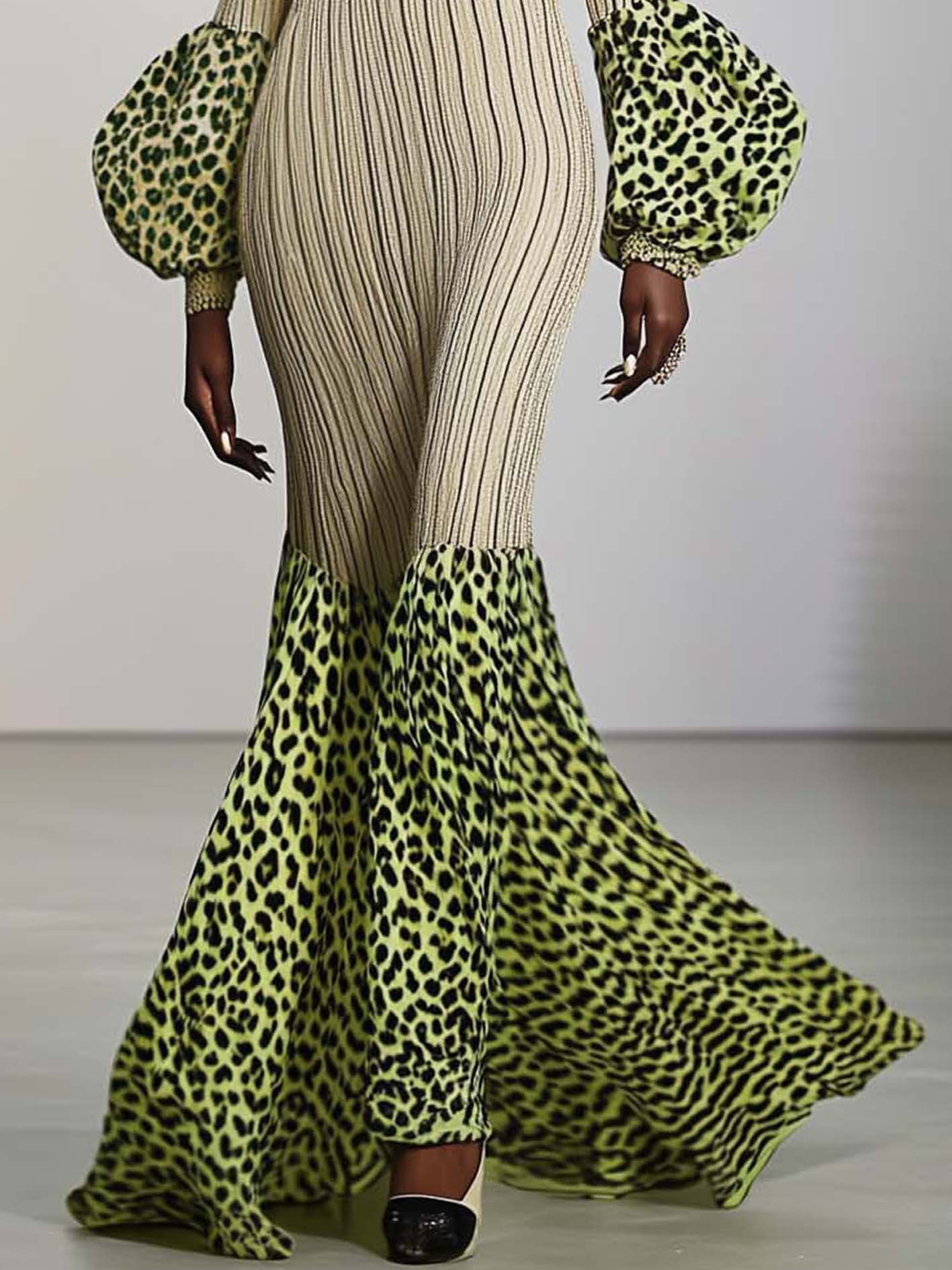 Beige Knitted Maxi Dress With Green Balloon Sleeves