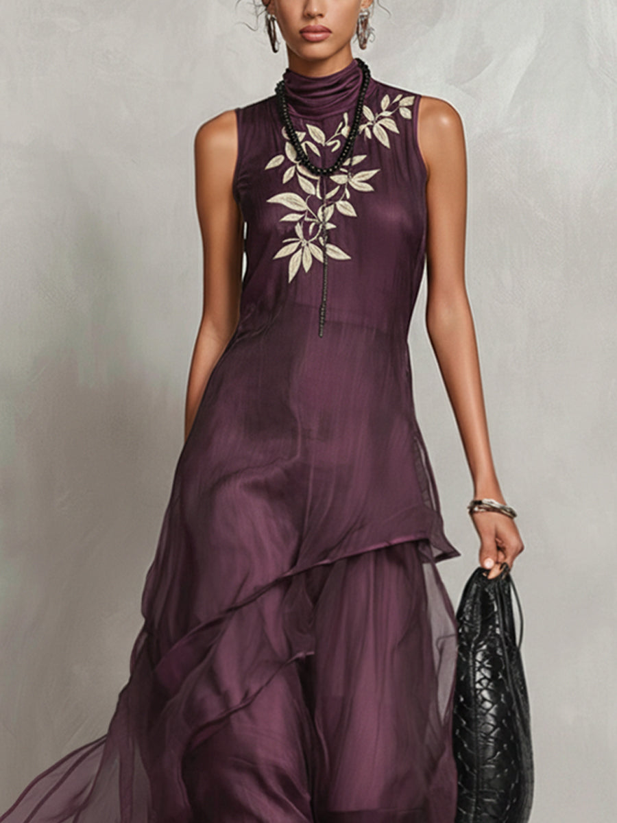 Purple Sleeveless Layered Chiffon Embroidered Maxi Dress