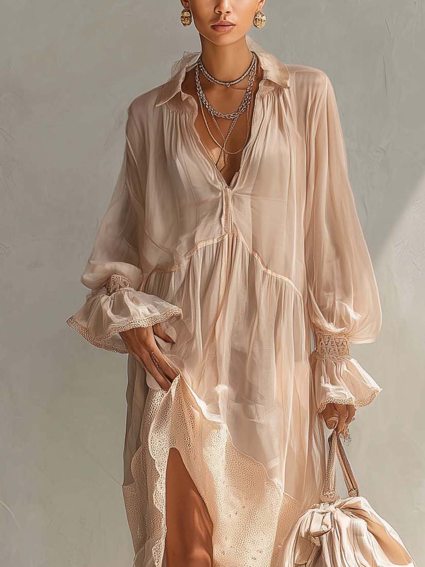 Pink Glossy Organza Patchwork Ruffled Maxi Dress