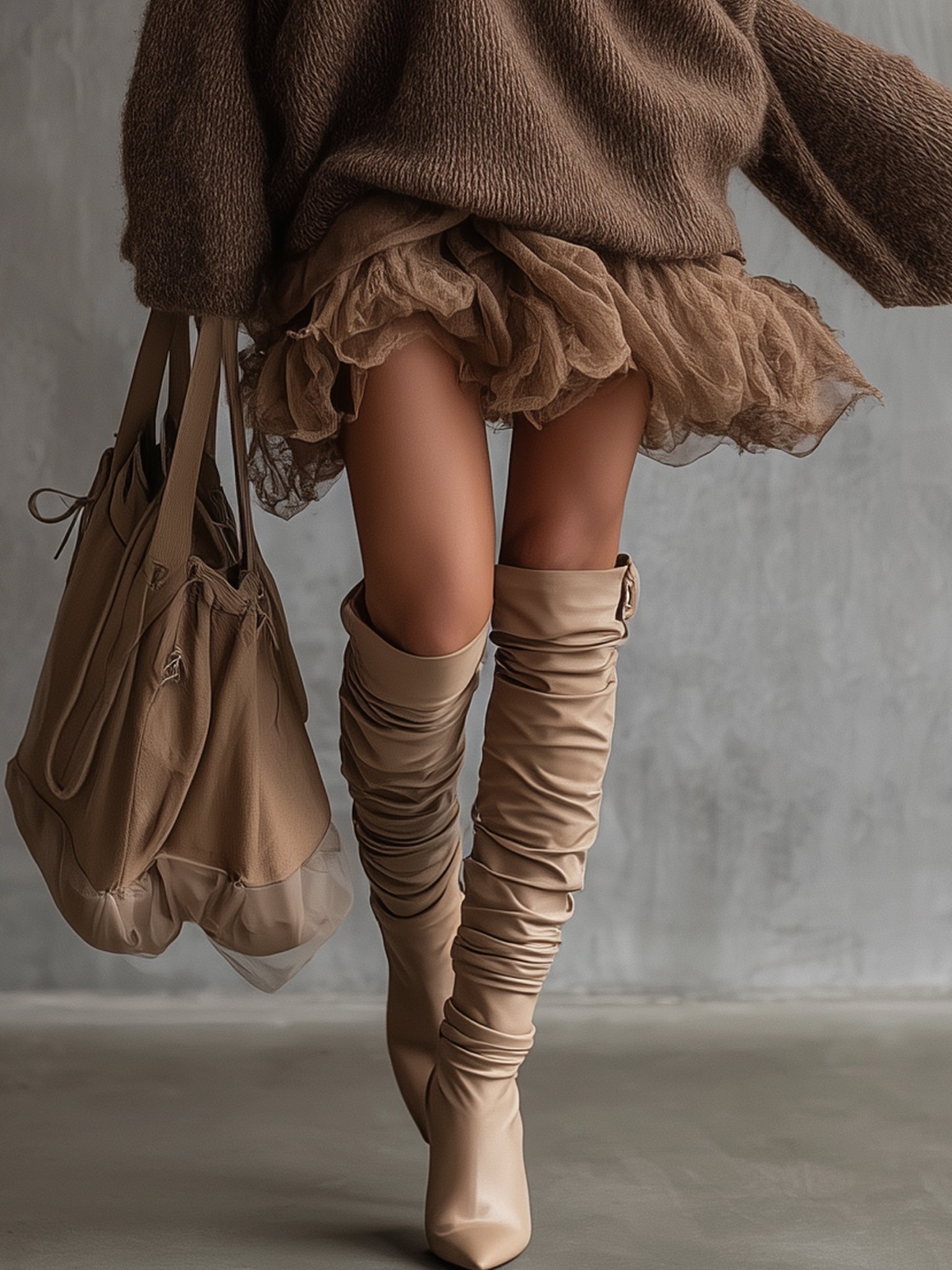 Brown Oversized Knit Dress With Chiffon Hem