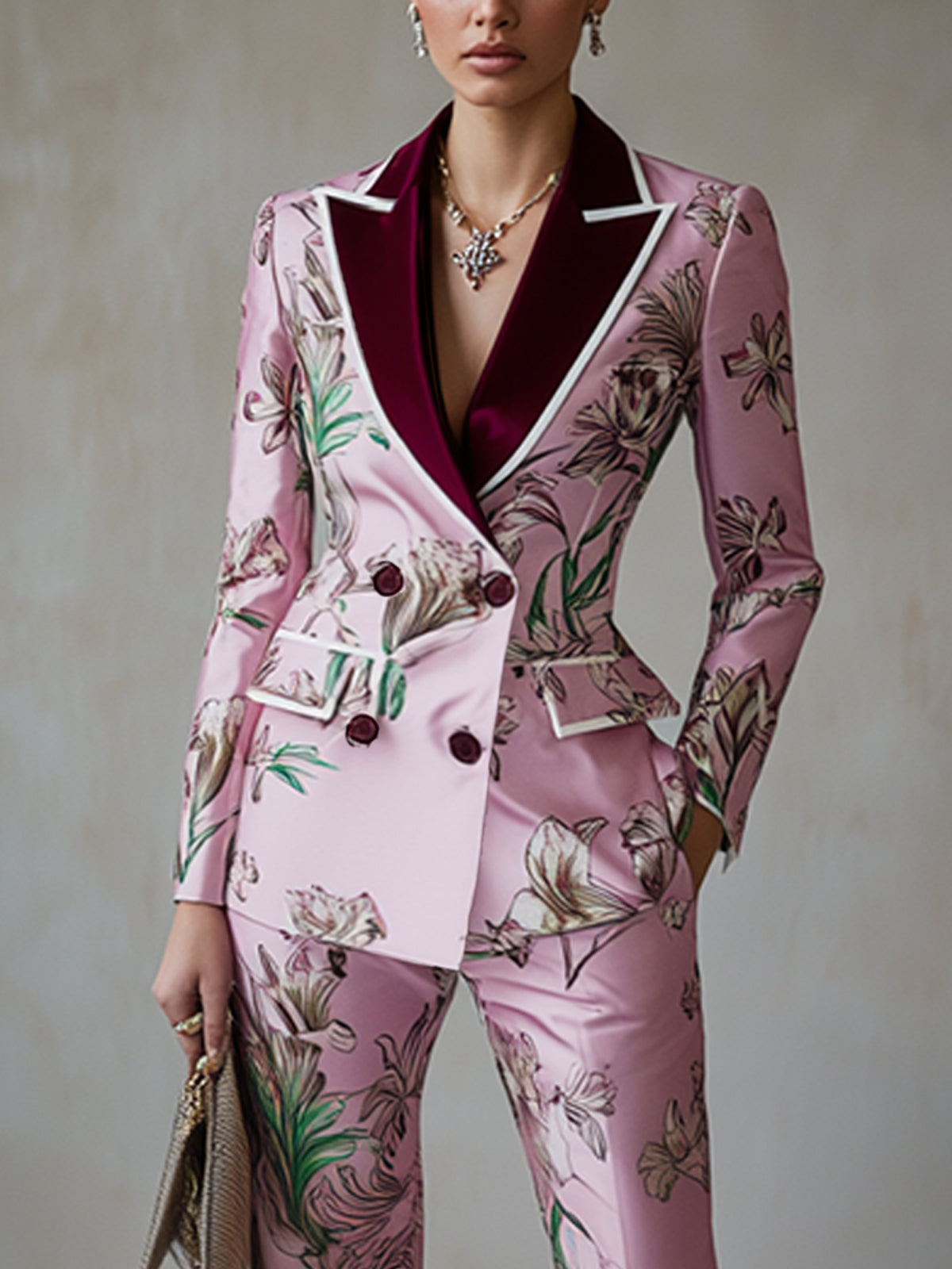 Blush Floral Print Satin Suit With White Trim