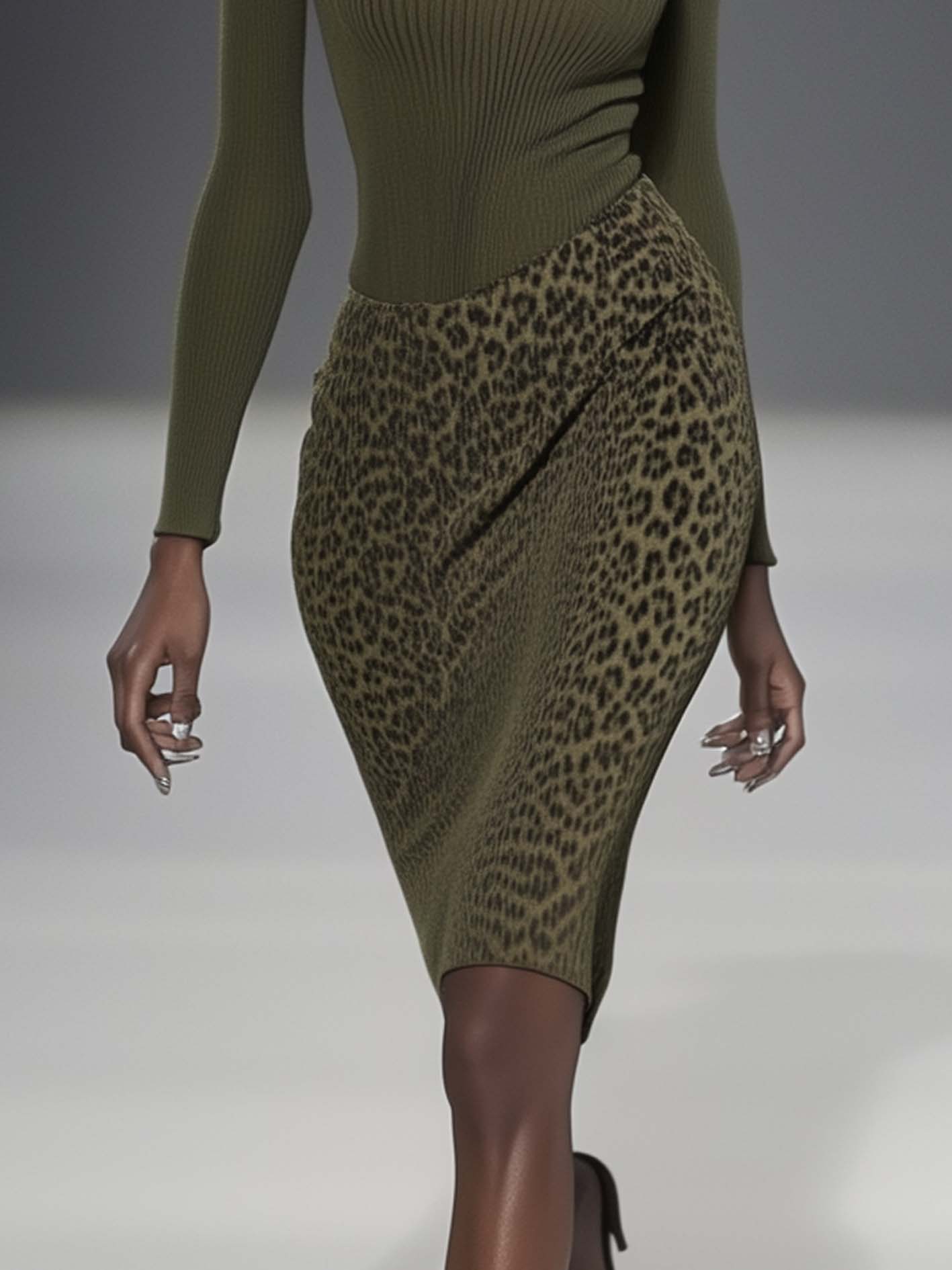 Cold Shoulder Olive Green Knitted Midi Bodycon Dress With Leopard Print