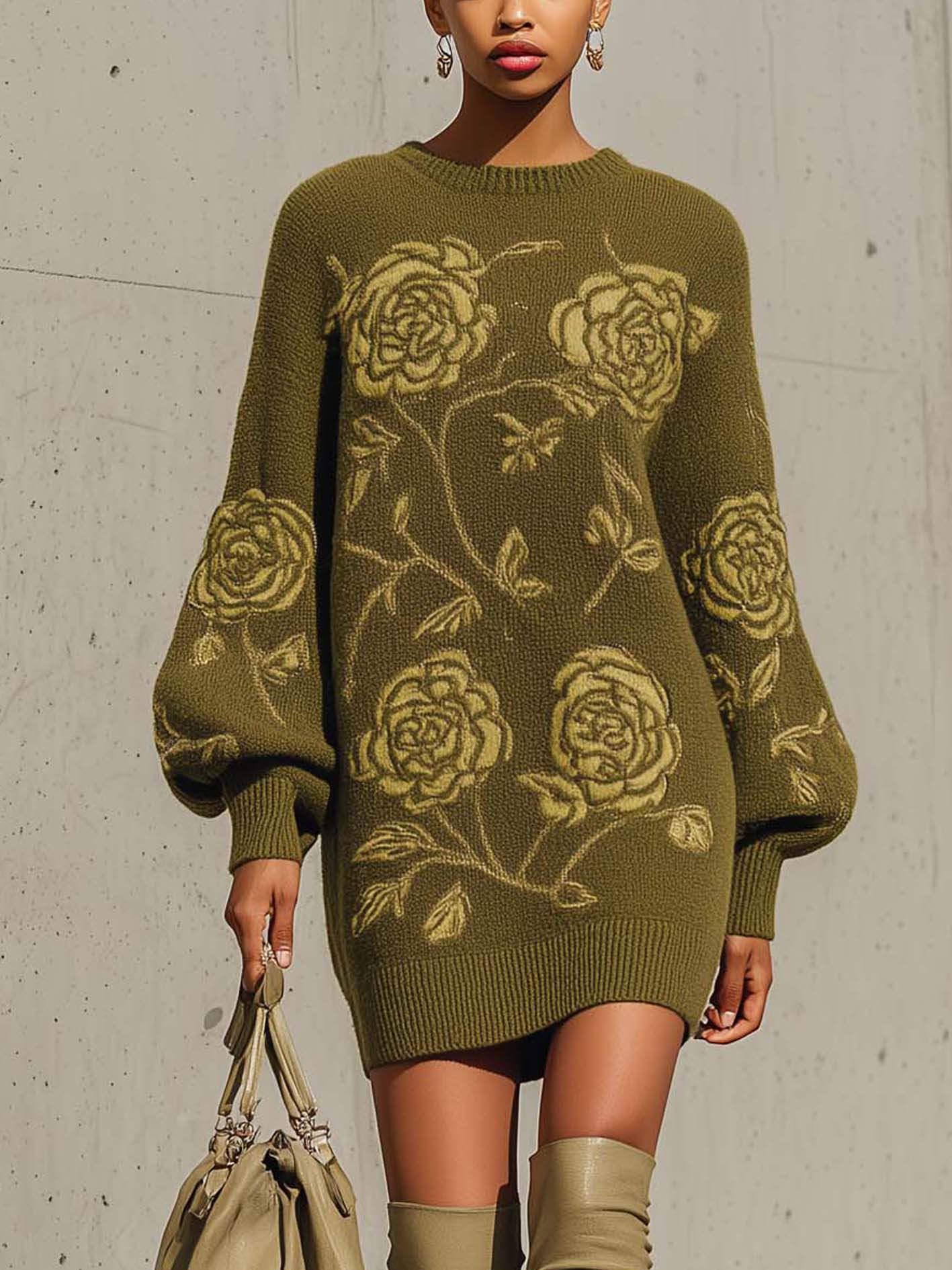 Olive Green Knitted Mini Dress With Rose Embroidery