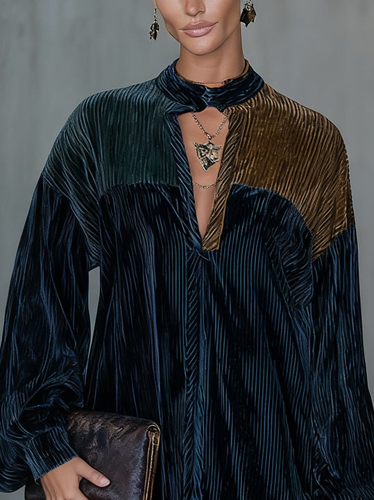 Colorblock Velvet Mini Shirt Dress In Deep Navy And Olive