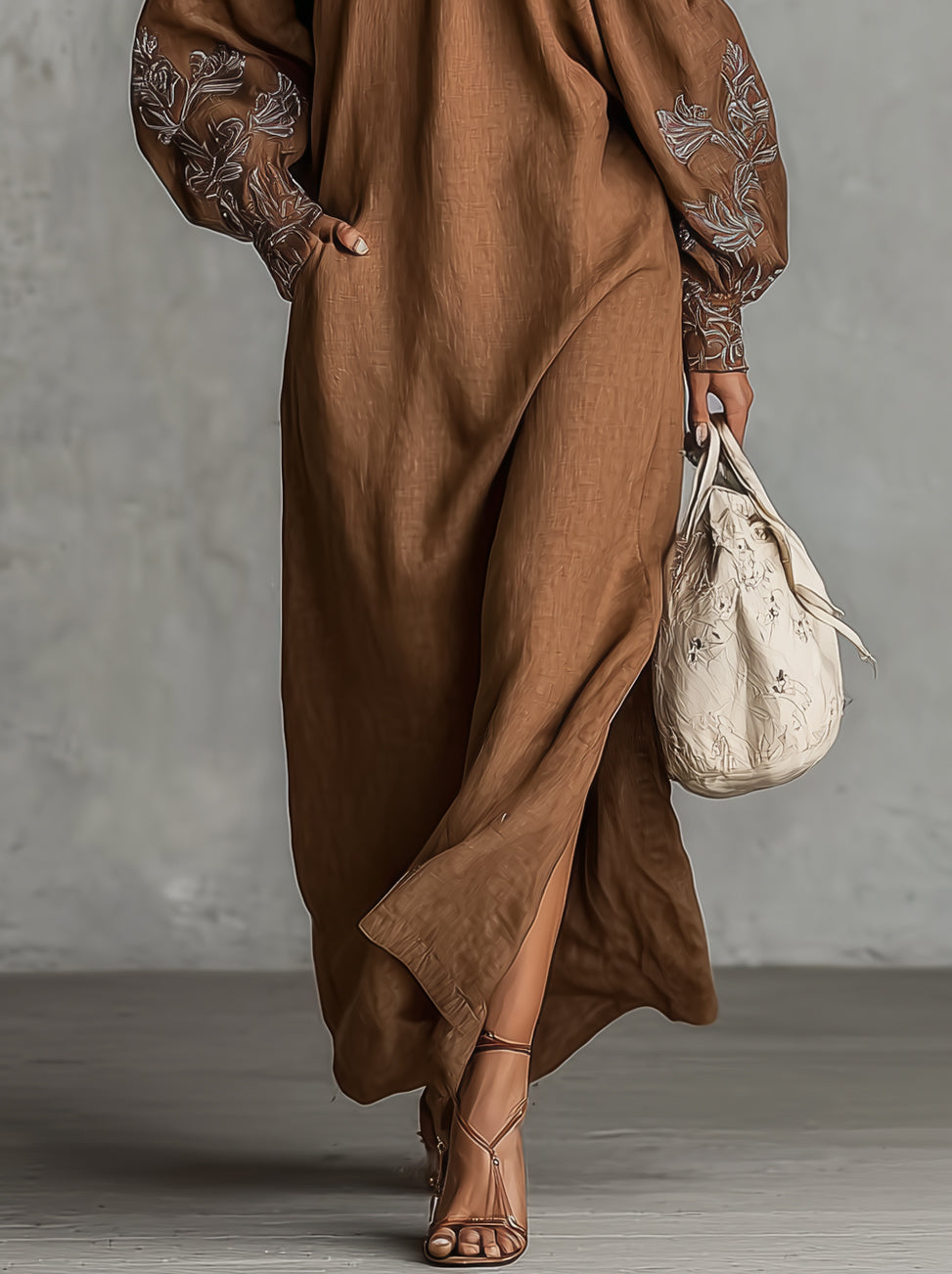 Brown Off-Shoulder Embroidered Long Sleeve Linen Maxi Dress
