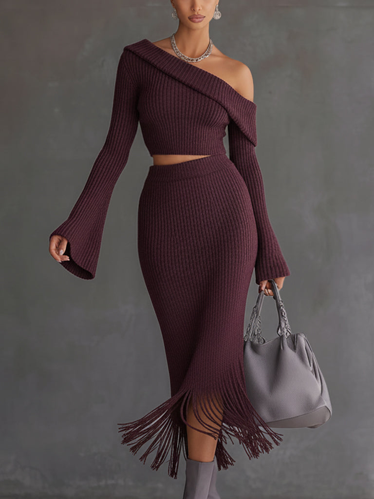 Deep Plum Comfortable Knitted Top And Tassel Skirt Set