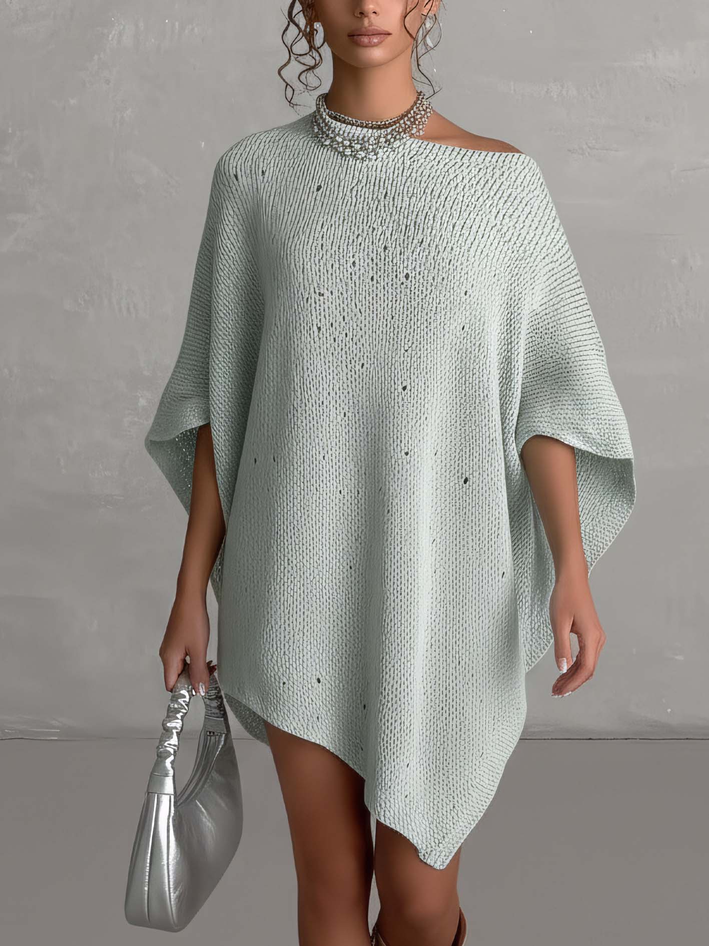 Mint Green One Shoulder Knit Batwing Mini Dress