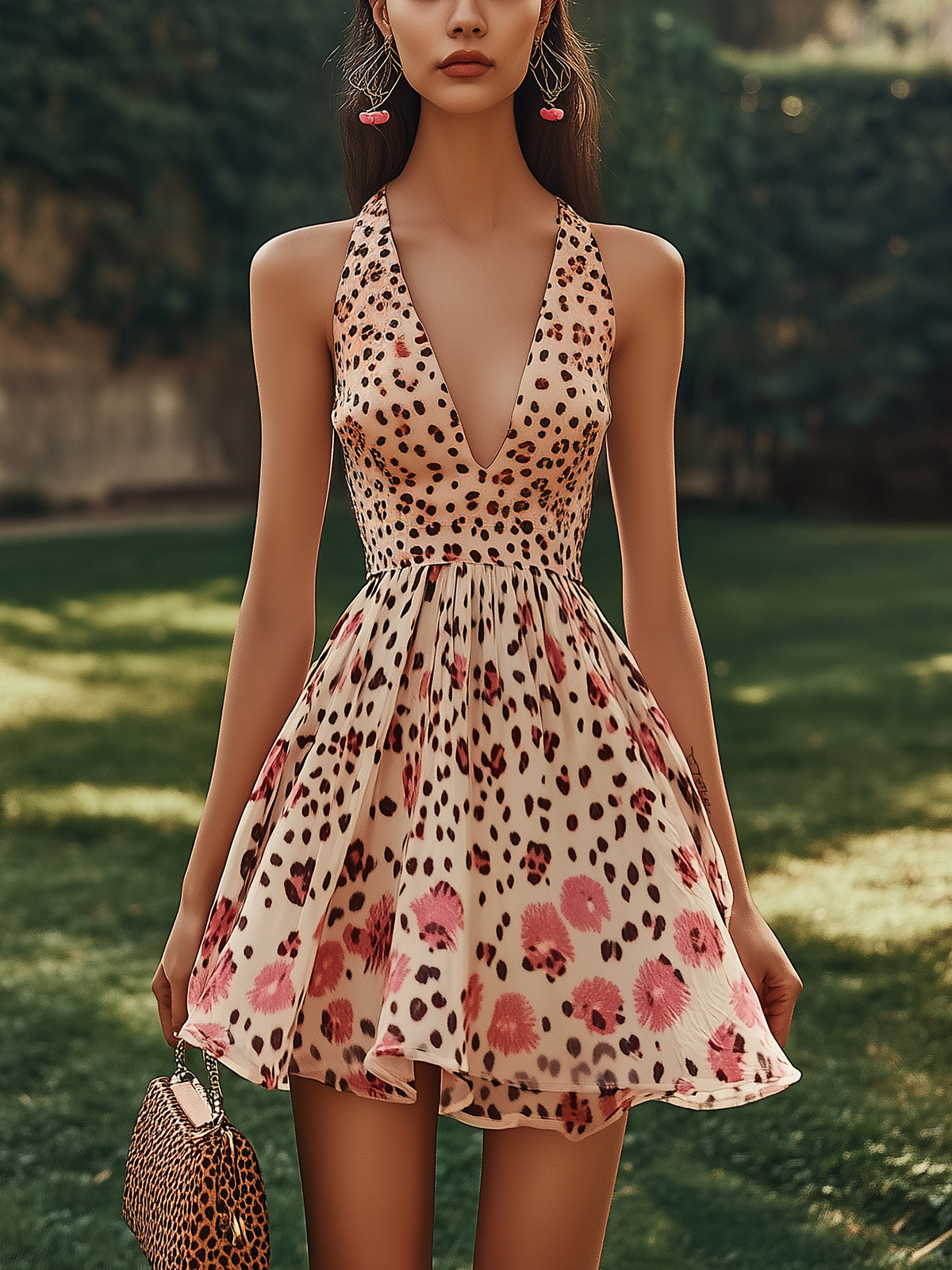 Unique Leopard Floral Print Chiffon Mini Dress