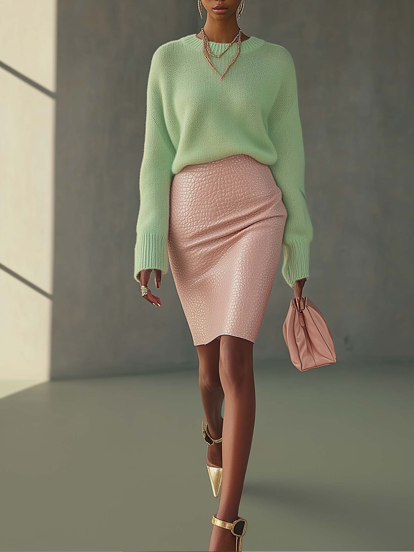 Light Green Sweater And Pink Crocodile Textured Faux Leather Skirt Set