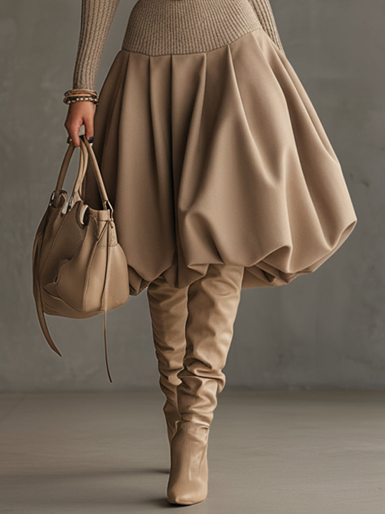 Camel Knit Lantern Long Sleeve Midi Dress With Belt