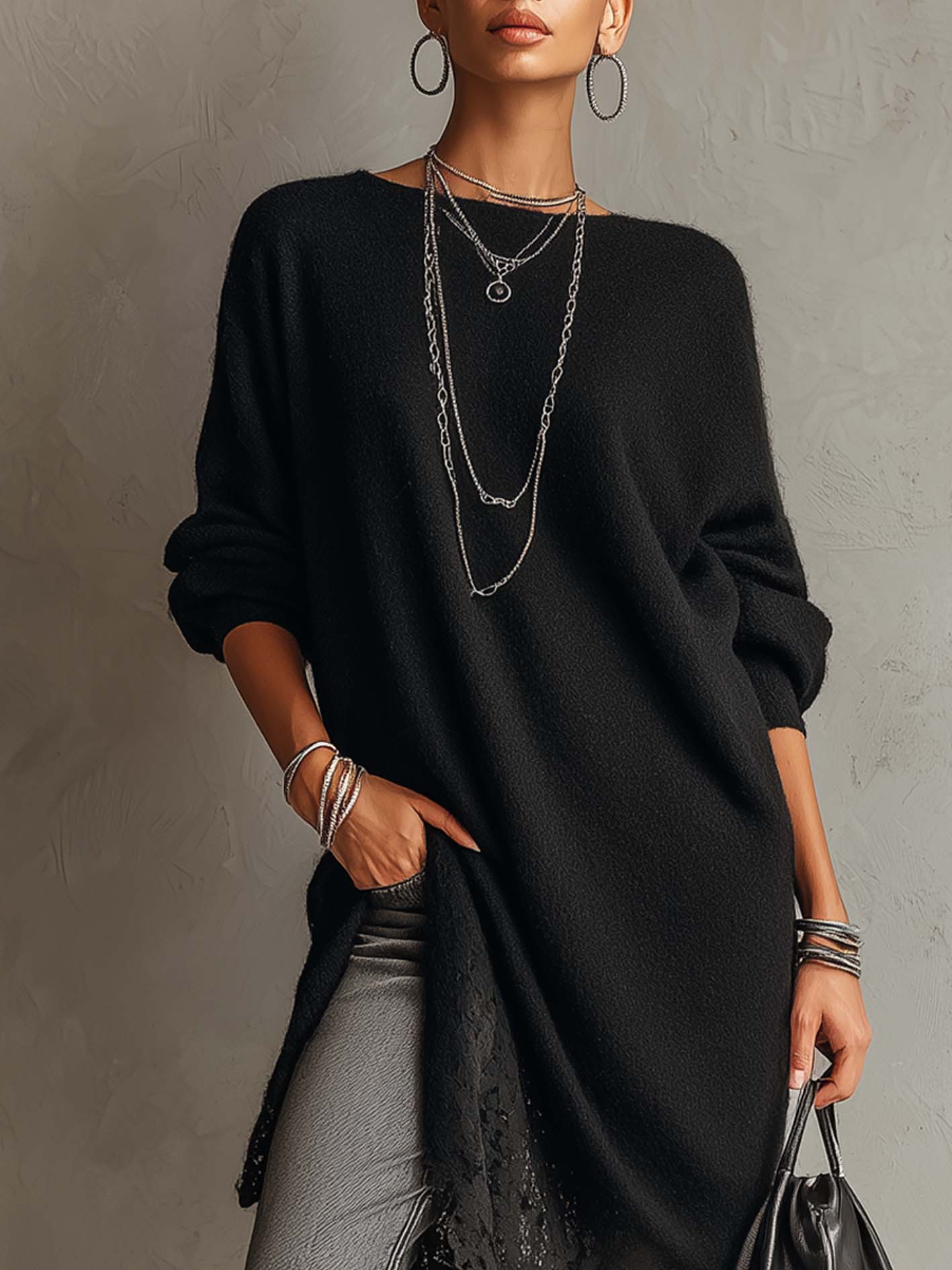 Black Loose Fit Mohair Knit Midi Dress With Lace Hem
