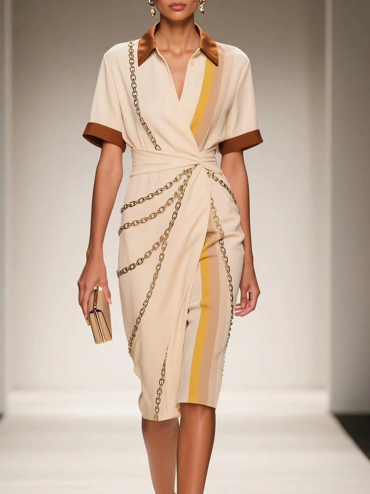 Beige Chain Print Wrap Dress With Satin Collar