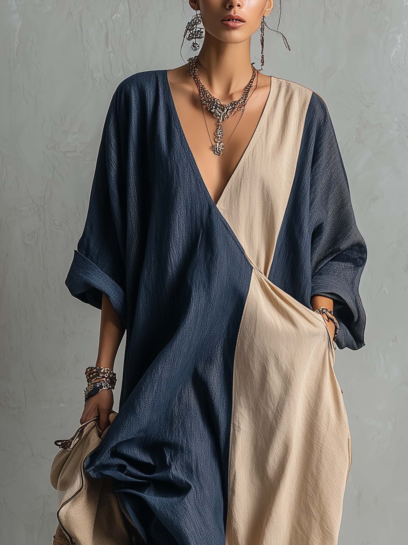 Deep Blue Contrast Linen Cotton Maxi Dress