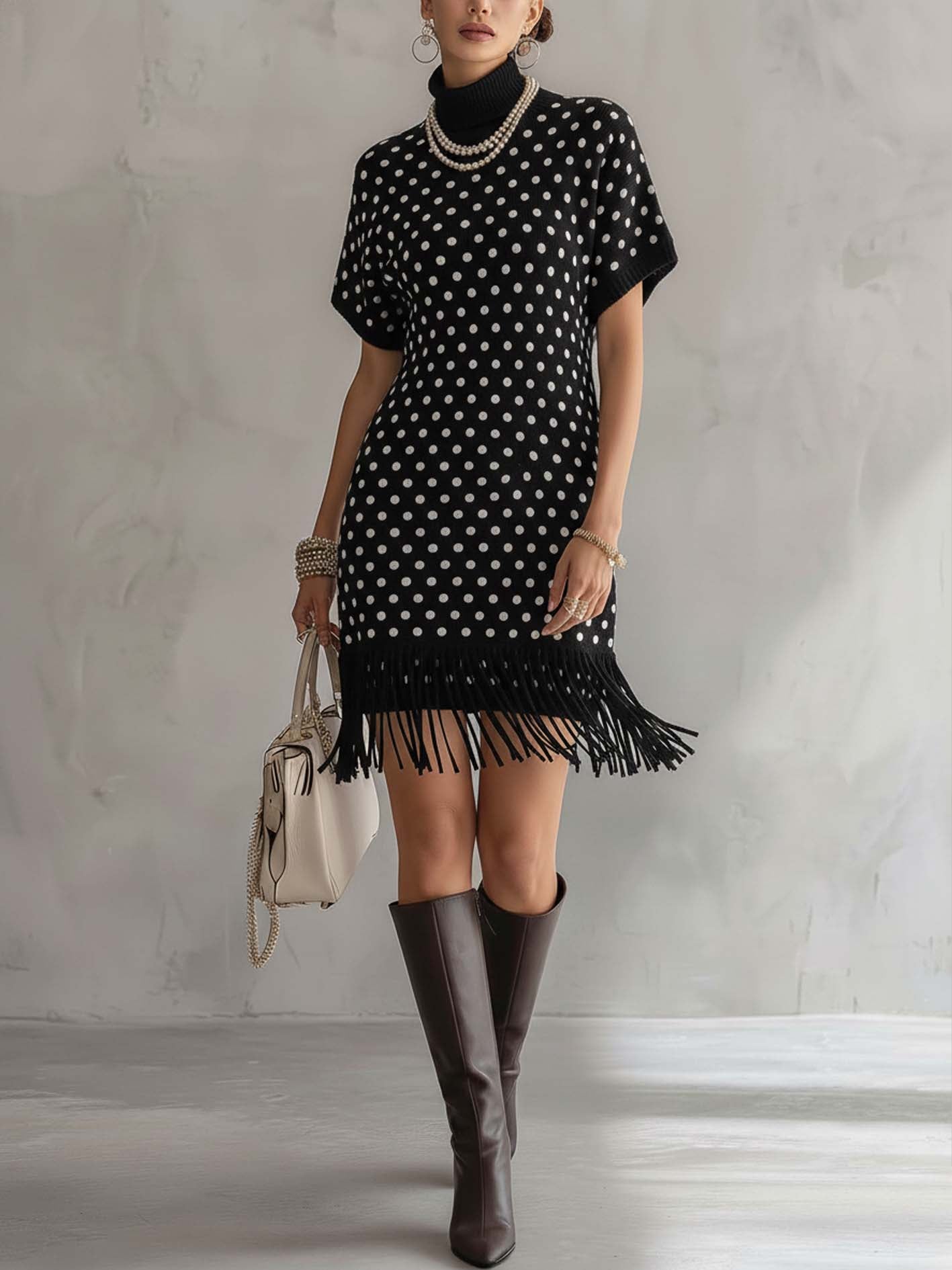 Black Polka Dot Fringe Hem Turtleneck Knit Mini Dress