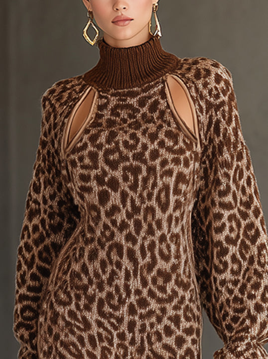 Brown Leopard Turtleneck Sweater Dress With Shoulder Cutouts