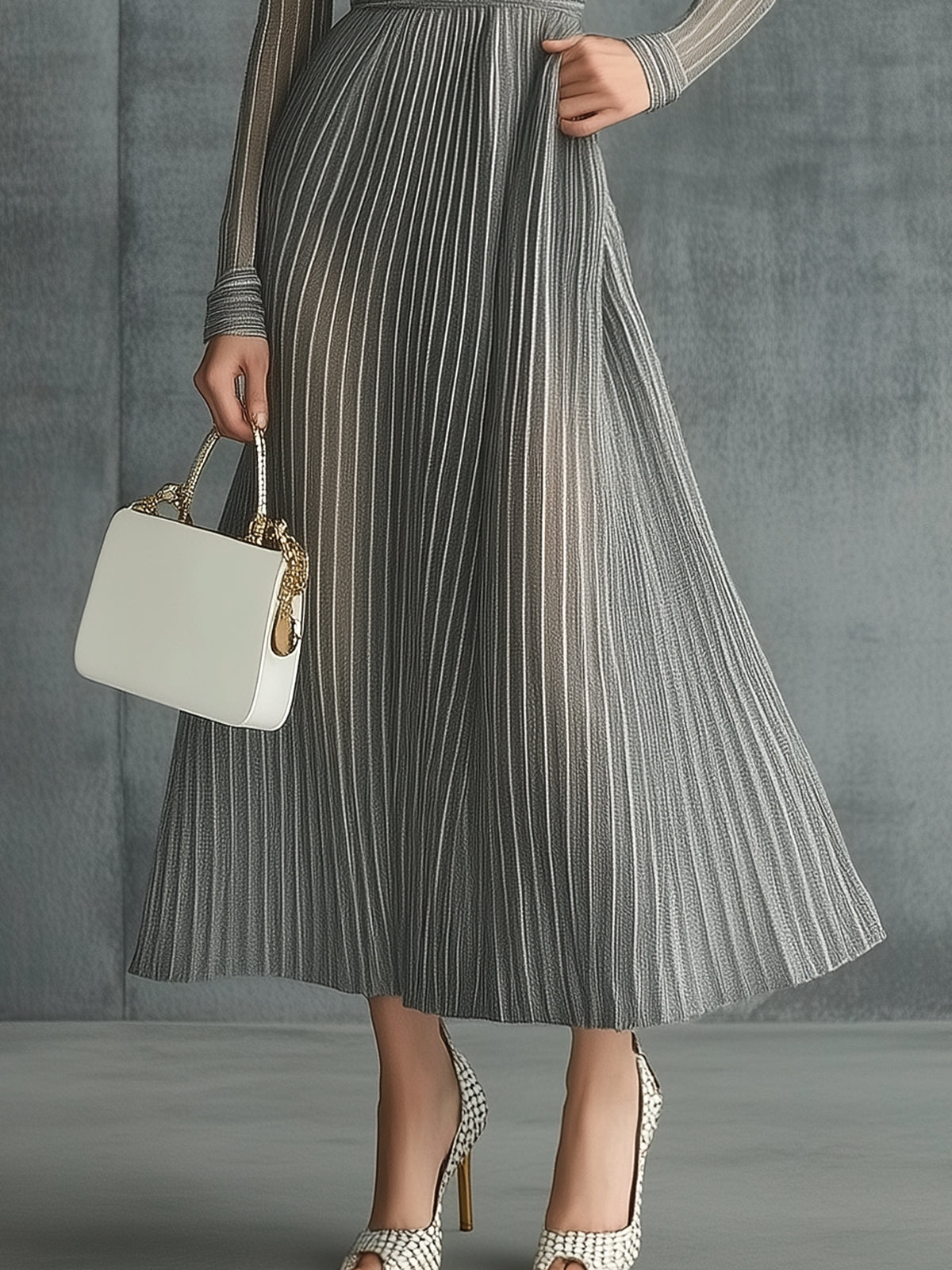 Gray Striped Pleated Wrap V-Neck Long Sleeved Maxi Dress
