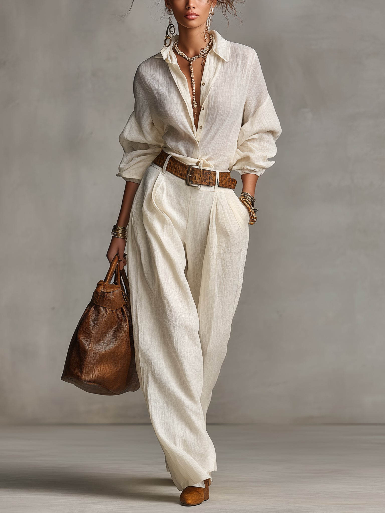 Ivory Linen Loose Shirt And Pant Set