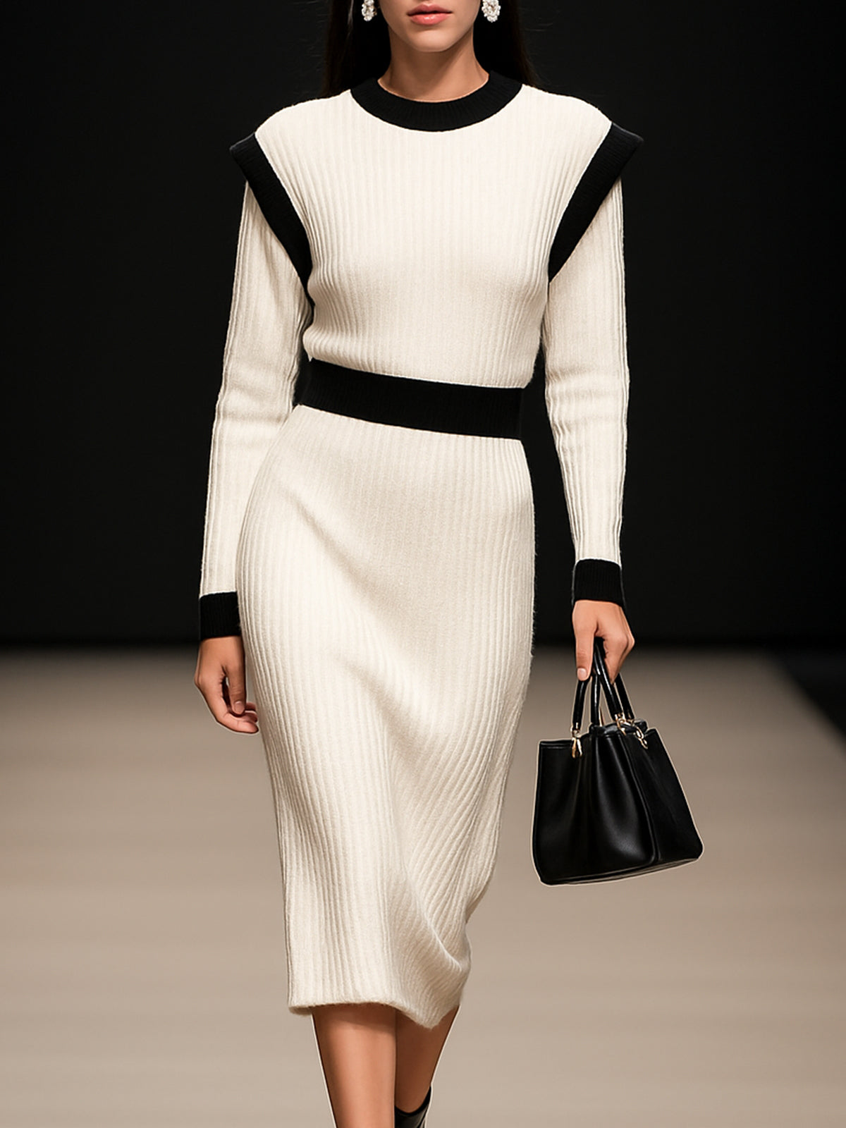 White Ribbed Knit Midi Dress With Black Accents And Shoulder Detail